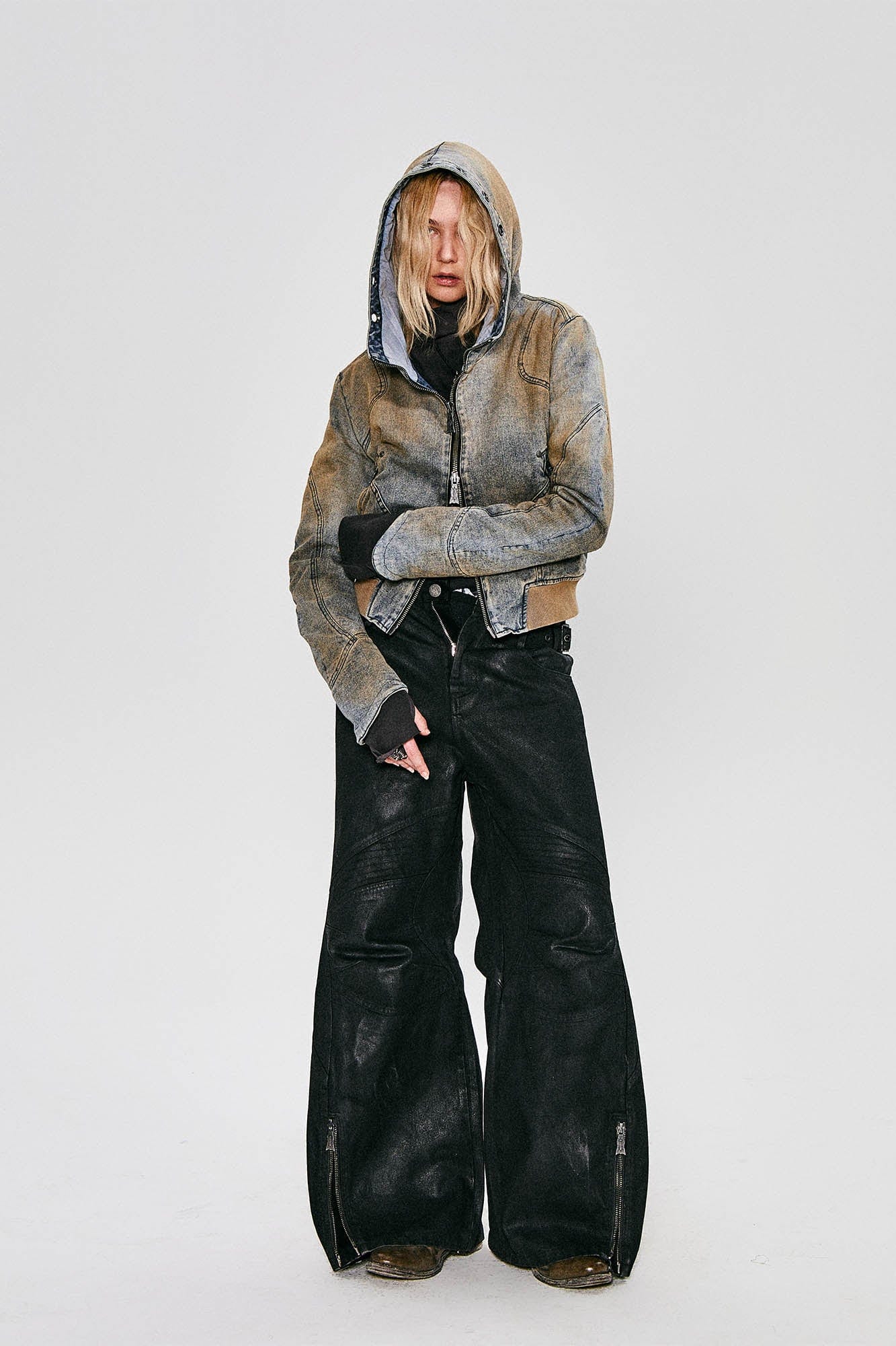 FLYERRER Waxed Deconstructed-Knee Zip-Hem Flared Pants, premium urban and streetwear designers apparel on PROJECTISR.com, FLYERRER
