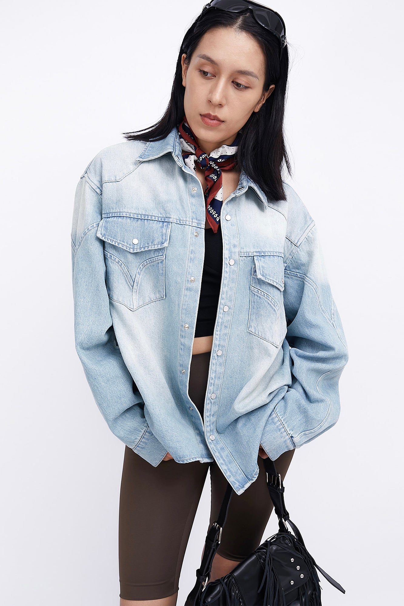 ASSEEN Paneled Washed Western Denim Shirt