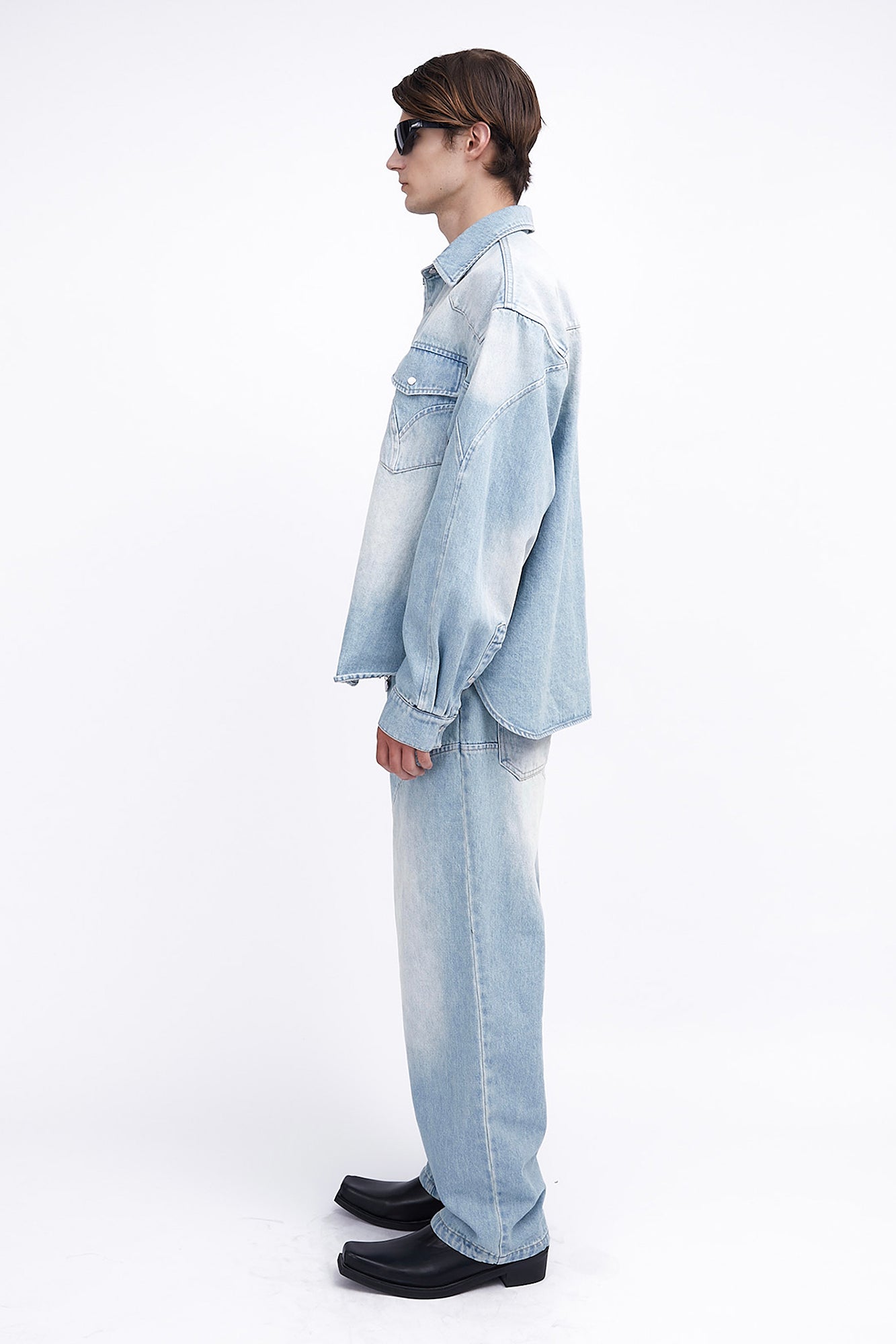 ASSEEN Paneled Washed Western Denim Shirt