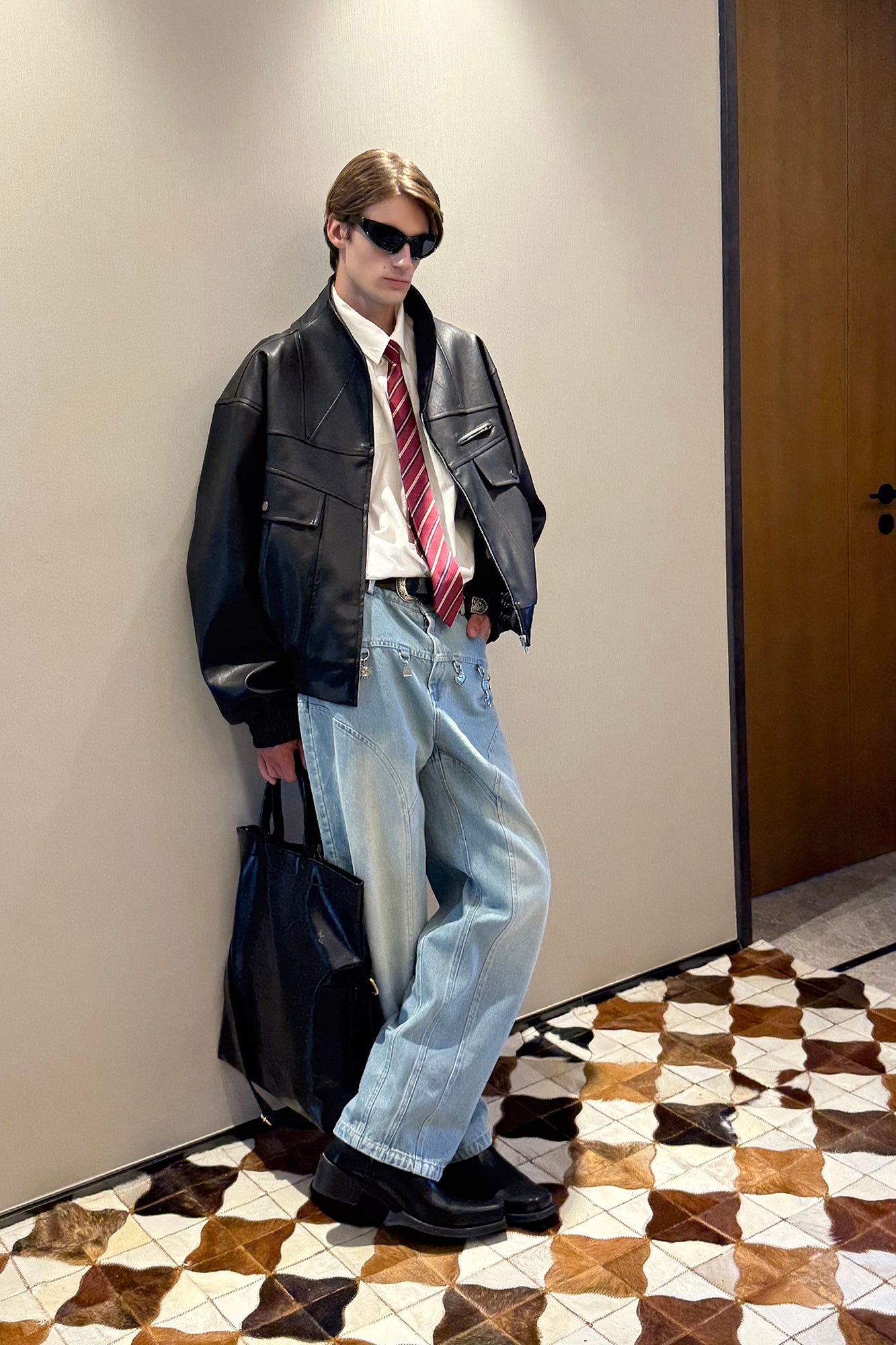 ASSEEN Oversized Paneled Utility Faux Leather Jacket