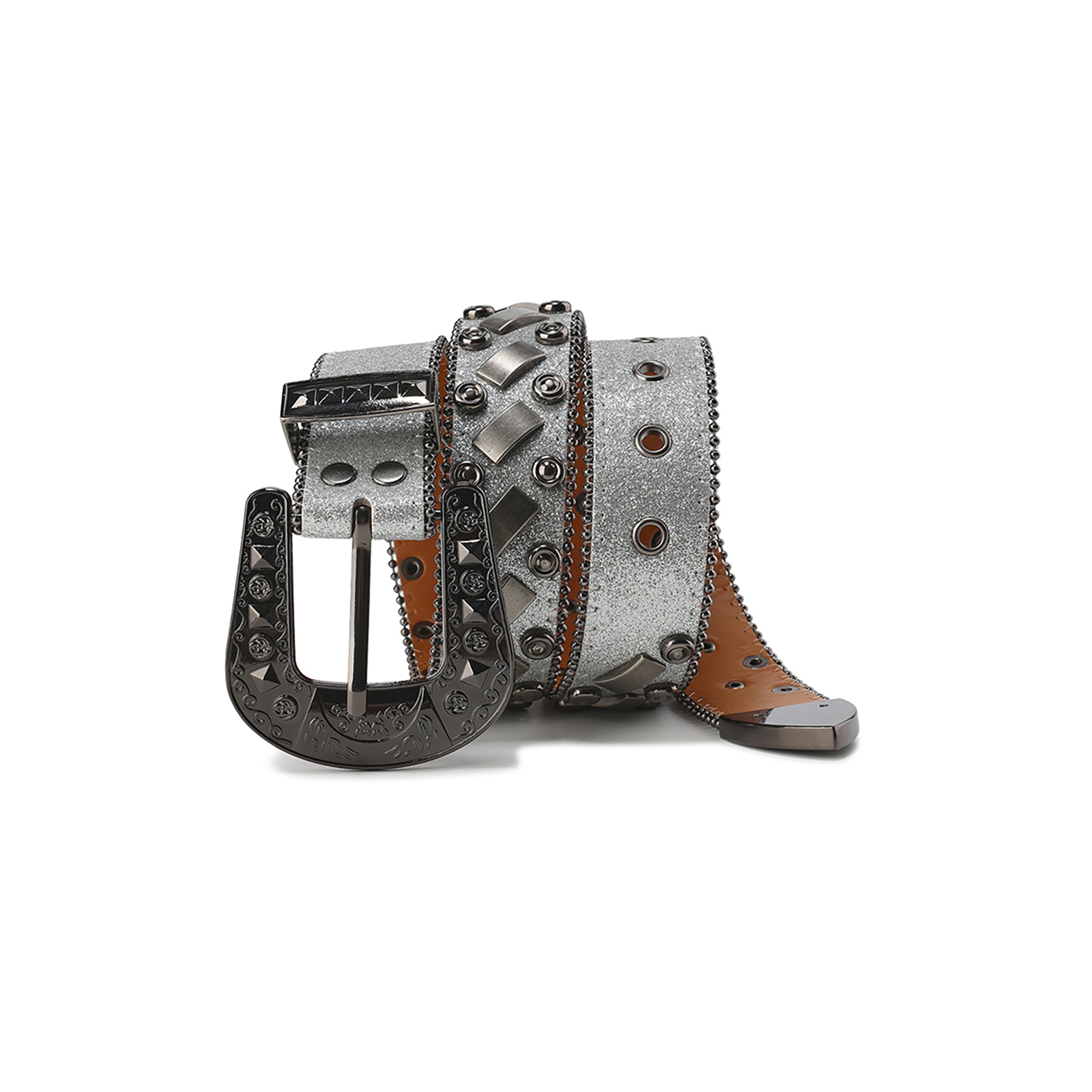 CYCYCY Bar Studded Filigree Leather Belt Gray