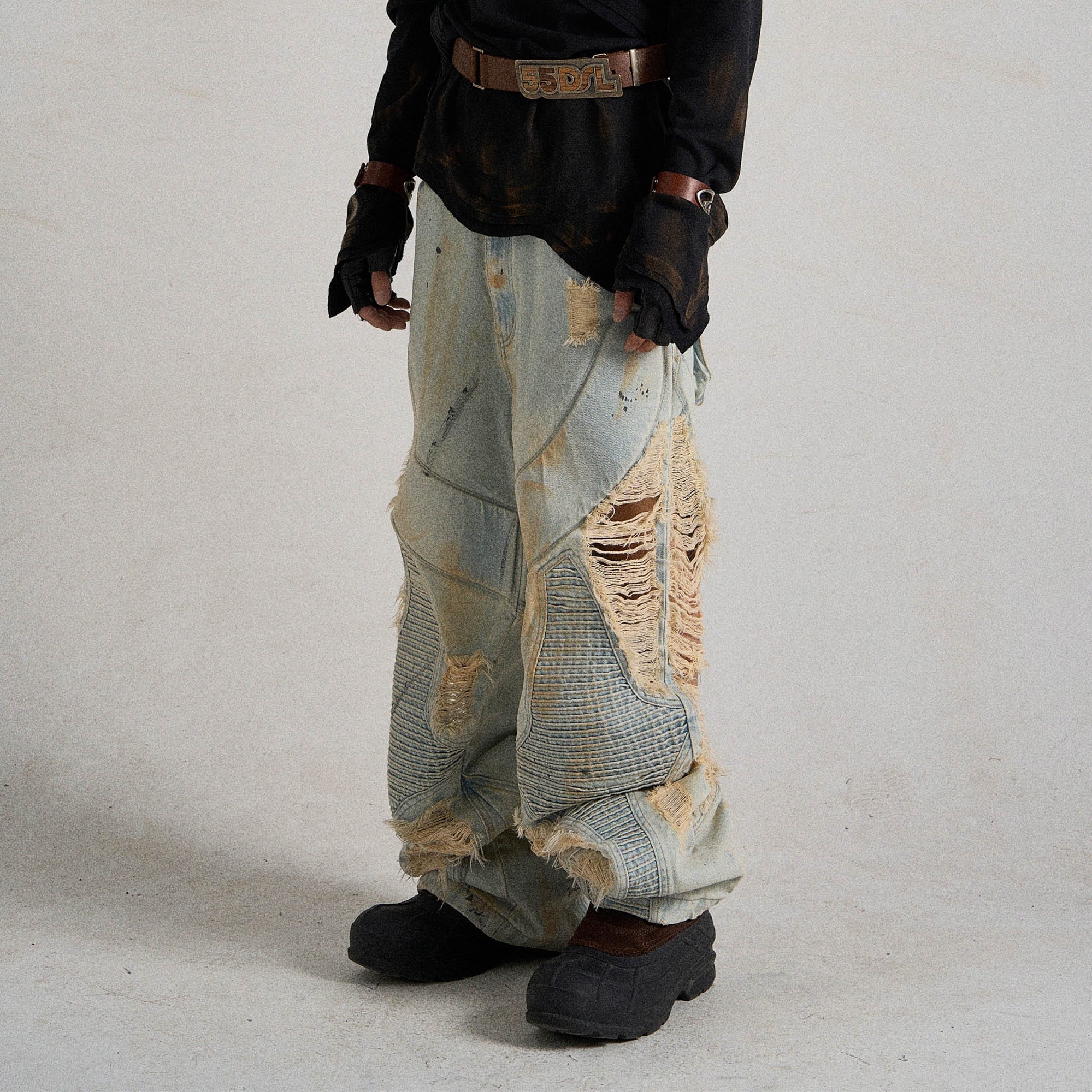 FLYERRER Paneled Heavily Ripped Fringe Jeans, premium urban and streetwear designers apparel on PROJECTISR.com, FLYERRER