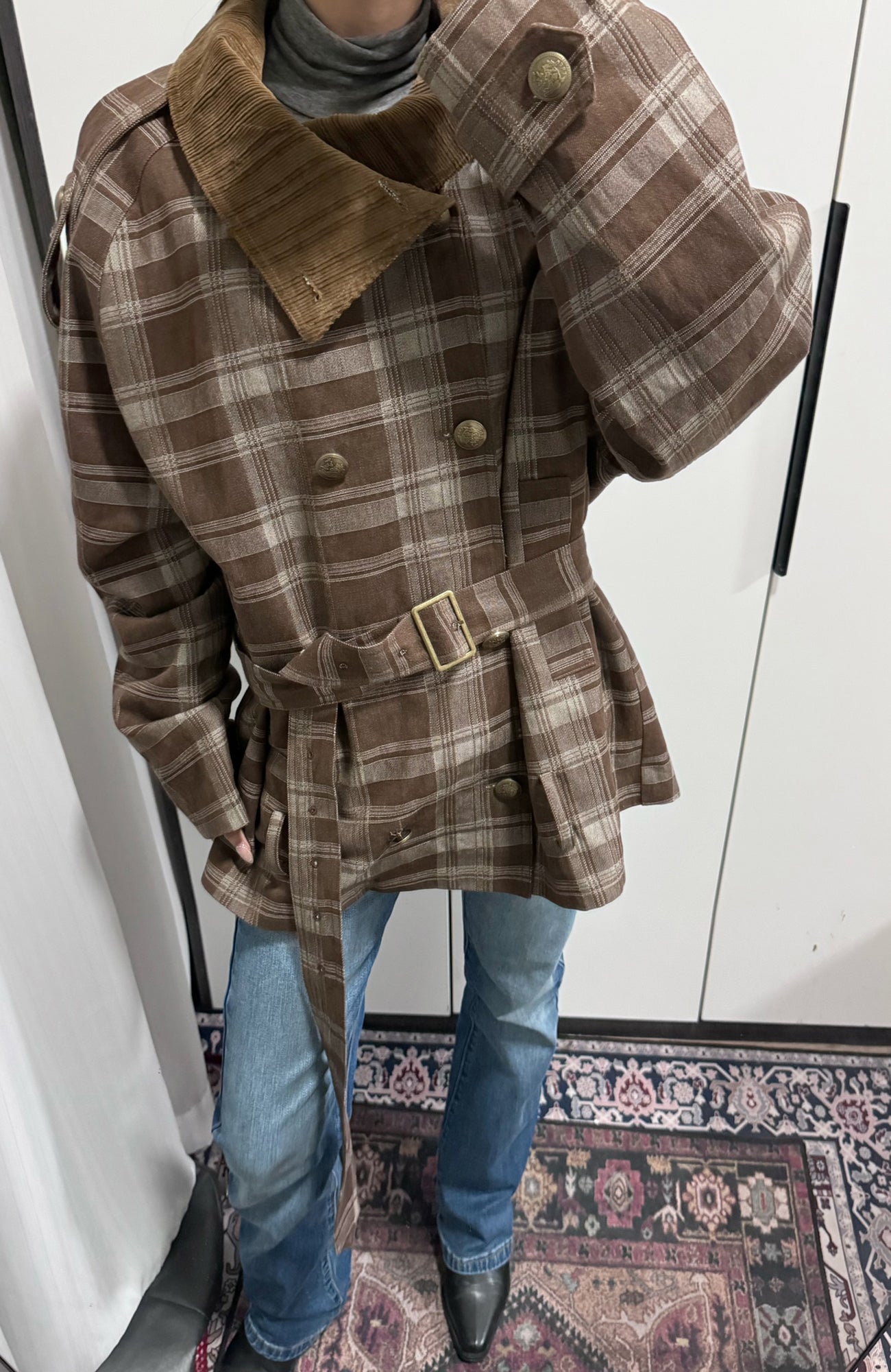 TRECLUB Retro Plaid Double-Breasted Trench Jacket, premium urban and streetwear designers apparel on PROJECTISR.com, TRECLUB