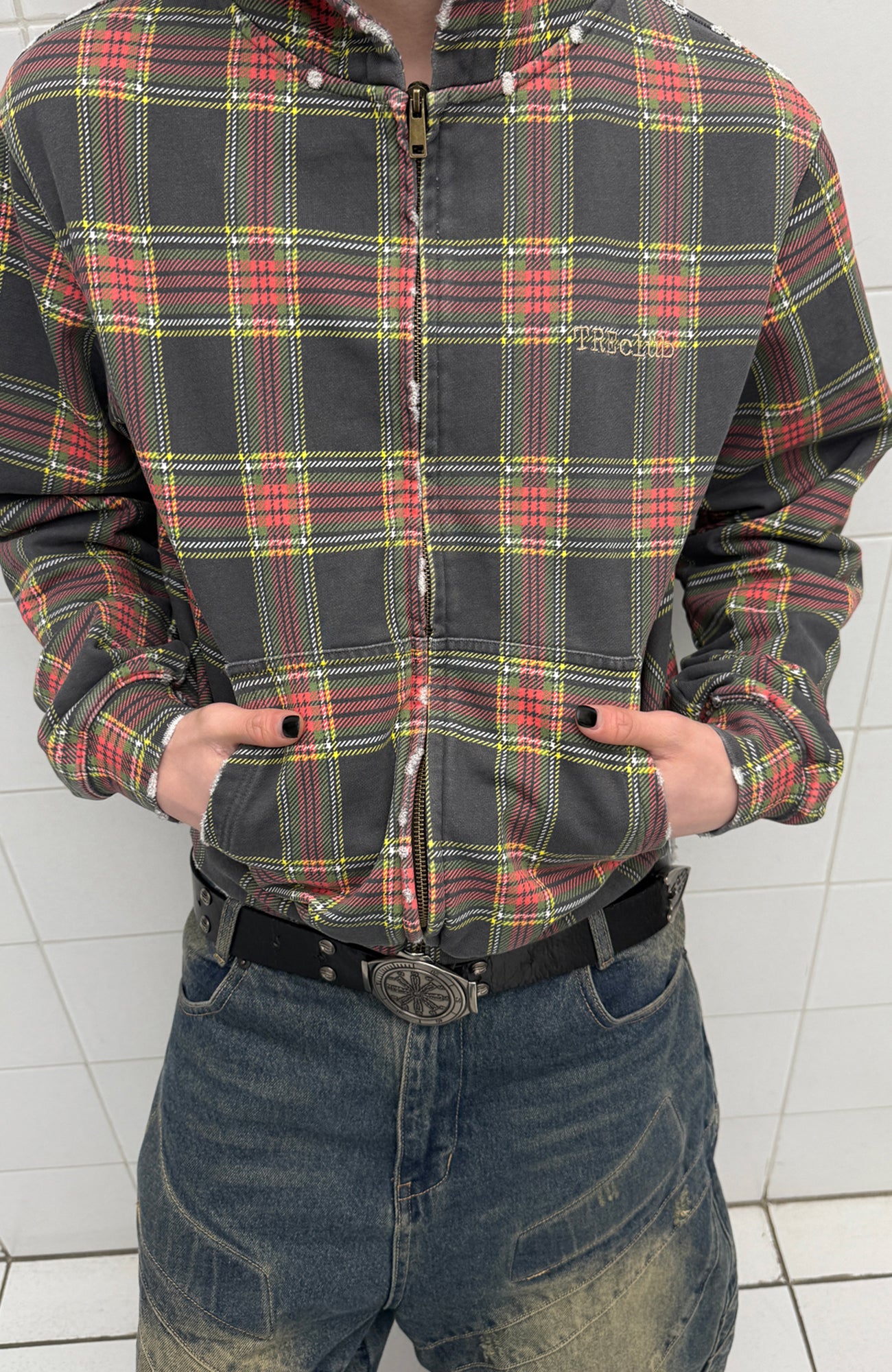 TRECLUB Distressed Plaid Zip-Up Hoodie, premium urban and streetwear designers apparel on PROJECTISR.com, TRECLUB