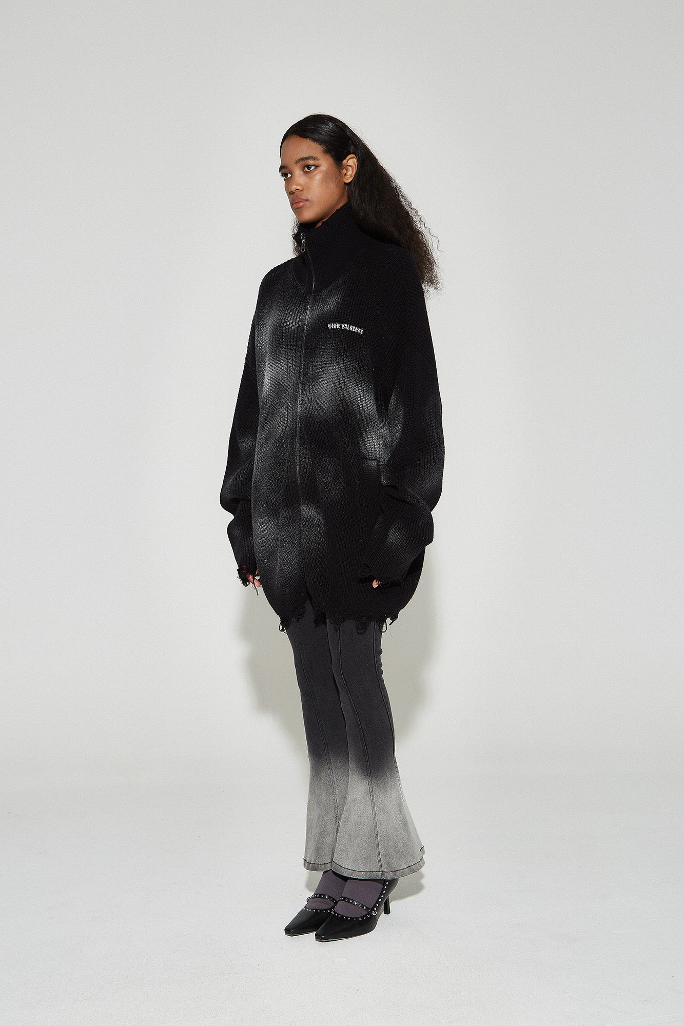 VANN VALRENCE Distressed Ombre Zip-Up Cardigan