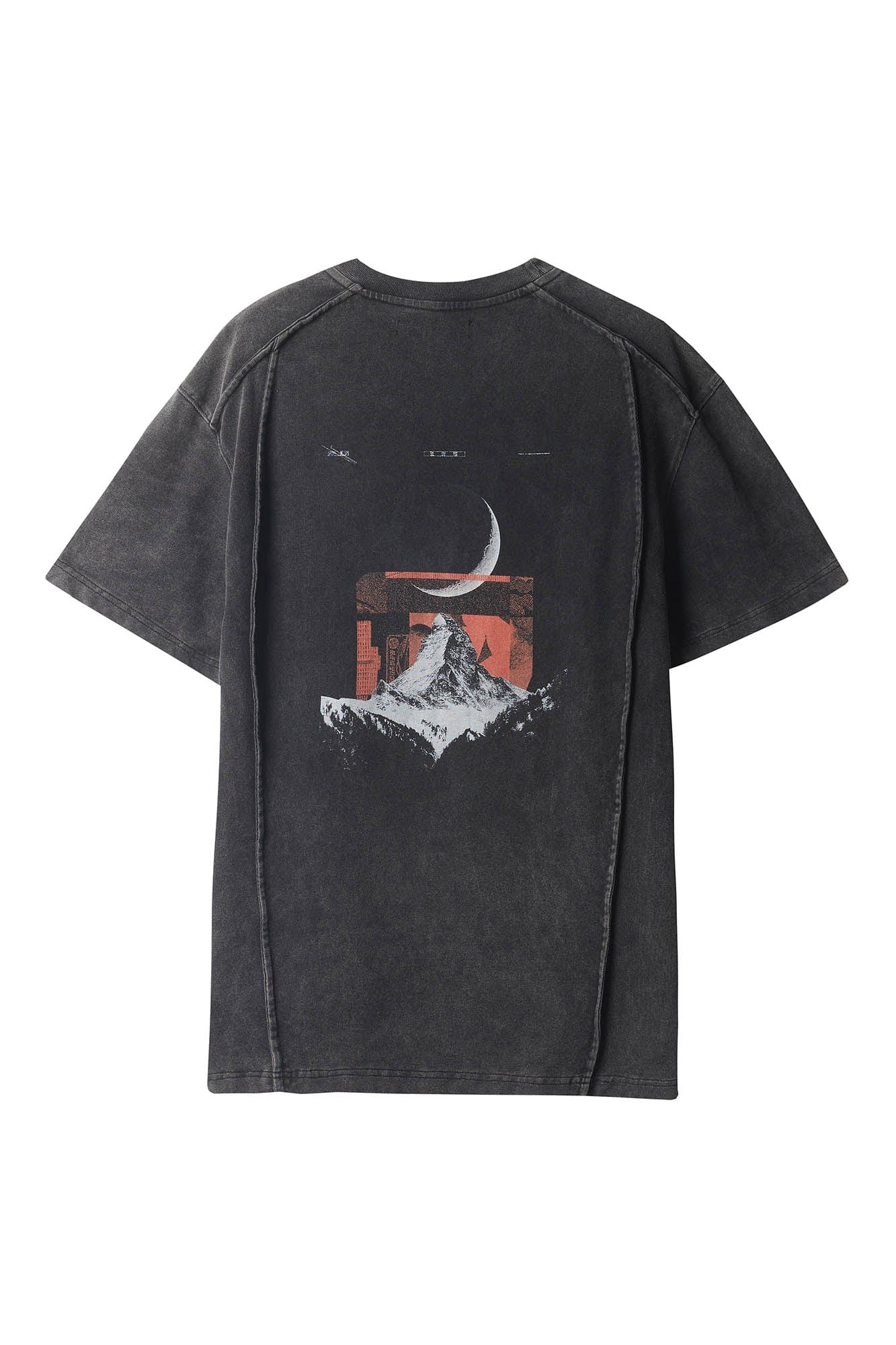 ERROR CODE ROBOT Mountain Moon Graphic Washed Spliced T-Shirt, premium urban and streetwear designers apparel on PROJECTISR.com, ERROR CODE ROBOT