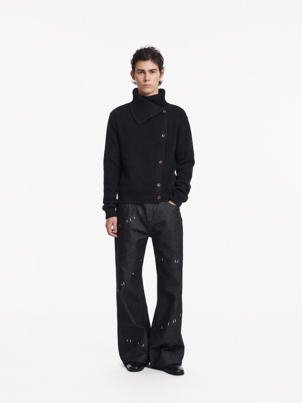 KREATE Asymmetrical Collar Ribbed Open-Front Sweater