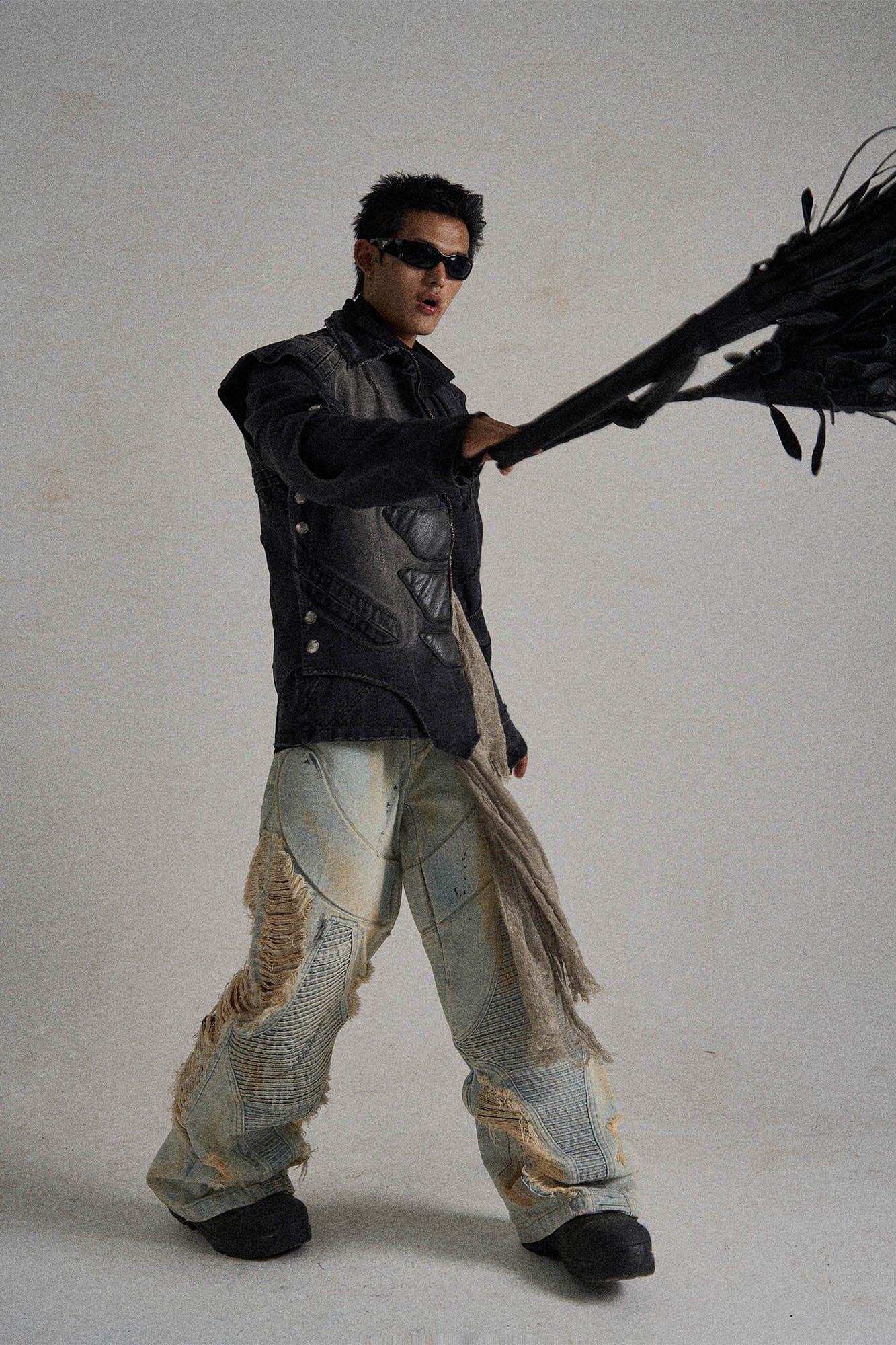 FLYERRER Paneled Heavily Ripped Fringe Jeans, premium urban and streetwear designers apparel on PROJECTISR.com, FLYERRER