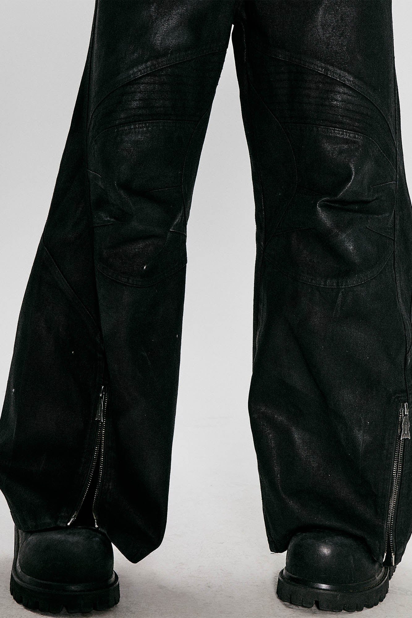 FLYERRER Waxed Deconstructed-Knee Zip-Hem Flared Pants, premium urban and streetwear designers apparel on PROJECTISR.com, FLYERRER