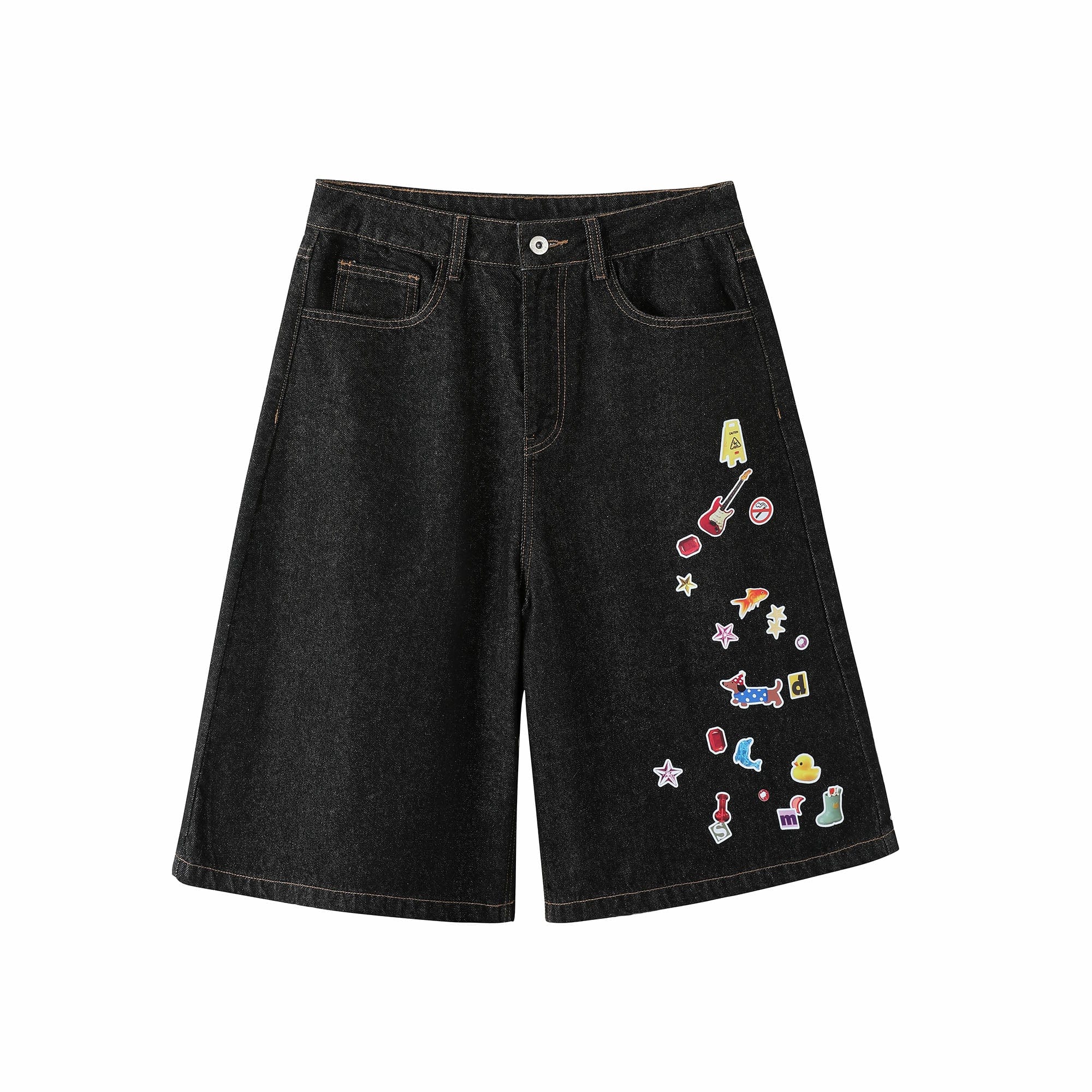DONSMOKE Whimsical Stickers Washed Raw-Edge Shorts, premium urban and streetwear designers apparel on PROJECTISR.com, DONSMOKE