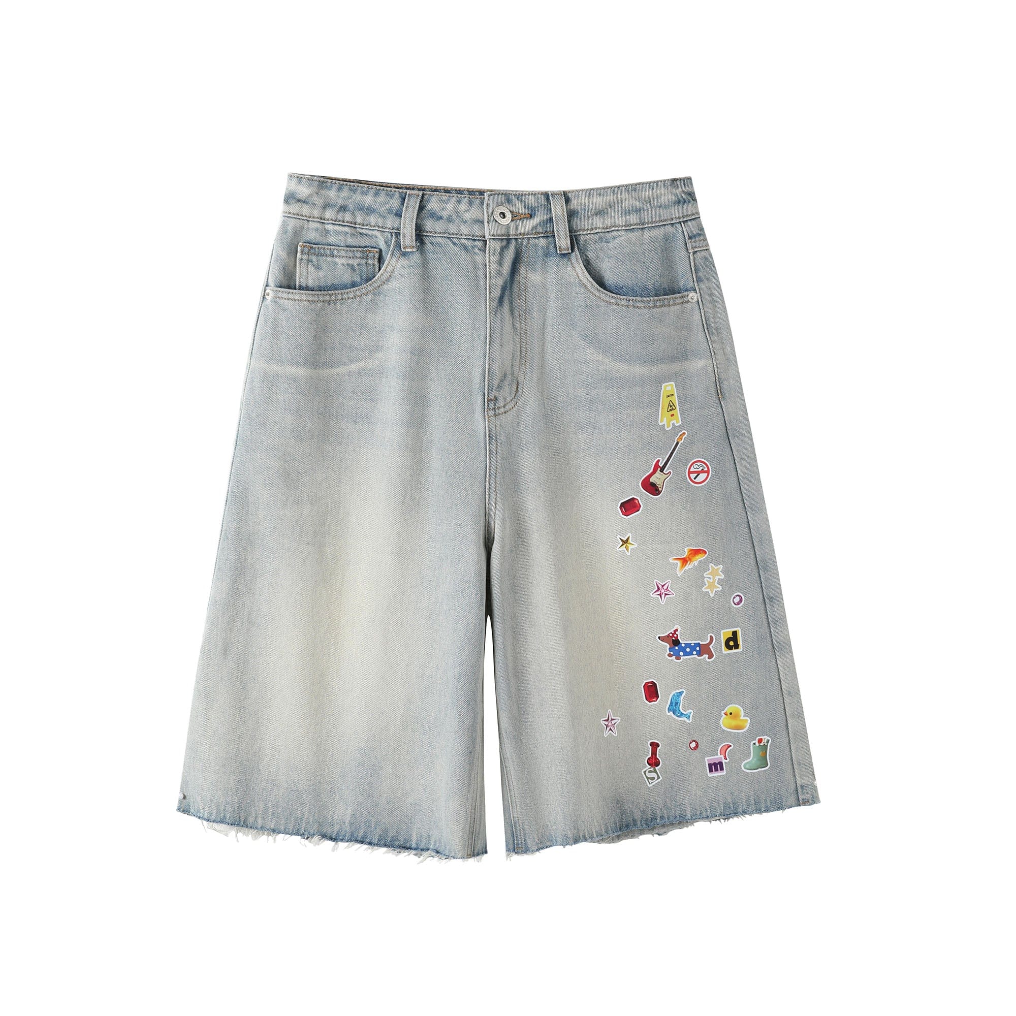 DONSMOKE Whimsical Stickers Washed Raw-Edge Shorts, premium urban and streetwear designers apparel on PROJECTISR.com, DONSMOKE