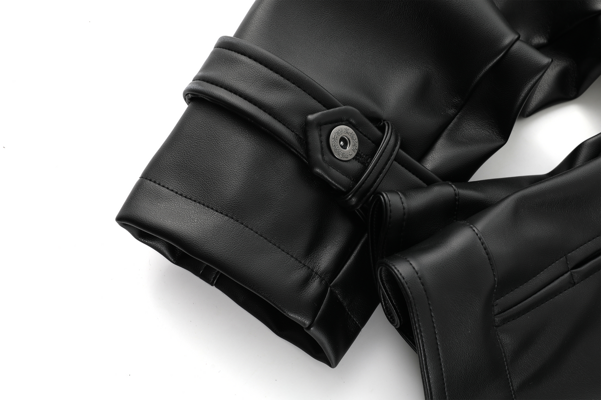 REMODUTION Double-Breasted Cinched Waist Faux Leather Jacket