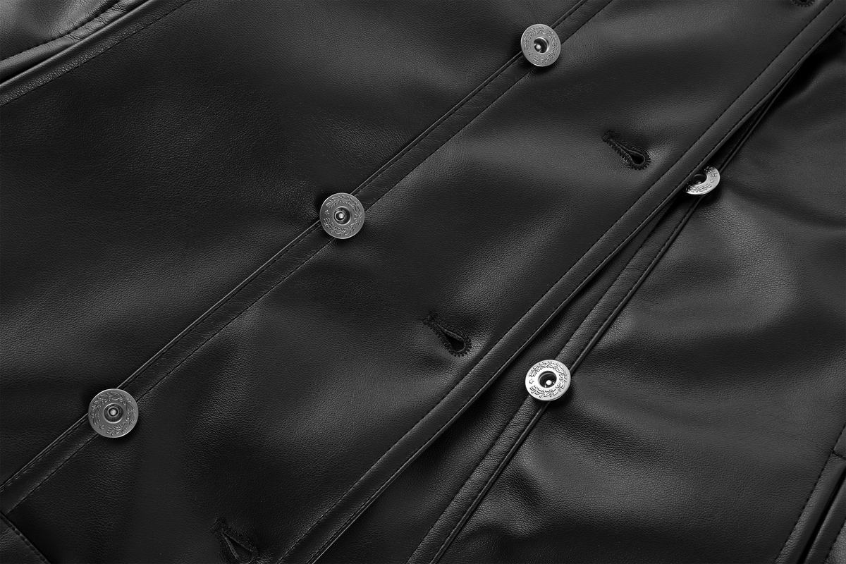 REMODUTION Double-Breasted Cinched Waist Faux Leather Jacket