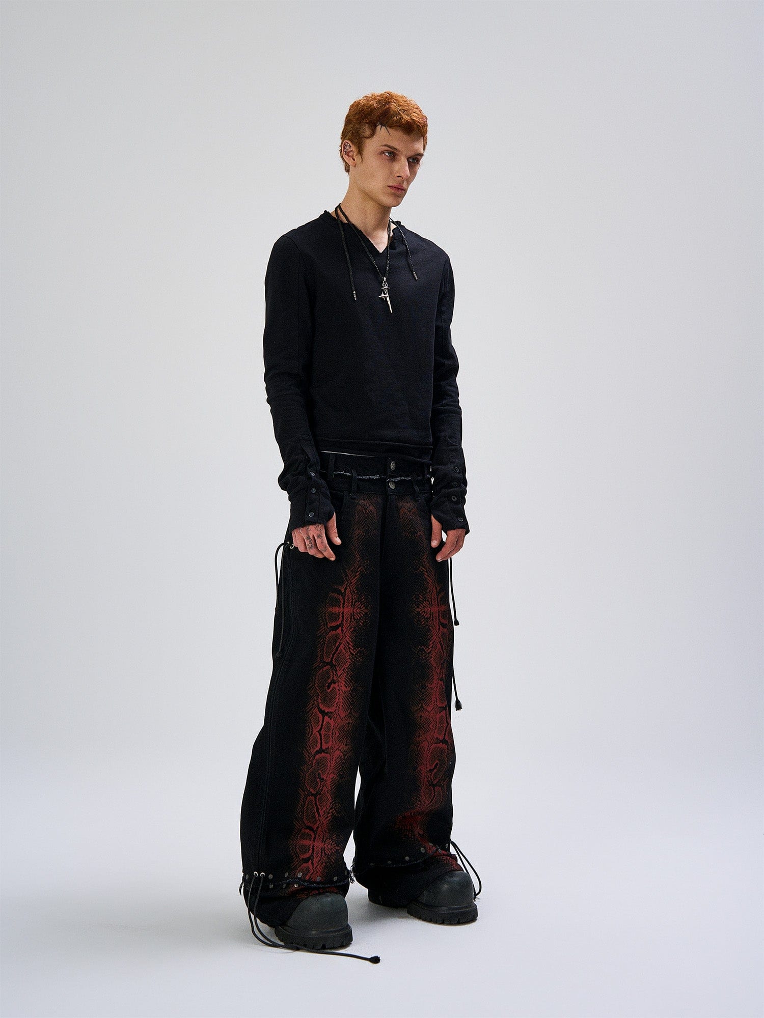 FLYERRER Washed Contrast Snakeskin Drawcord Wide-Leg Jeans, premium urban and streetwear designers apparel on PROJECTISR.com, FLYERRER