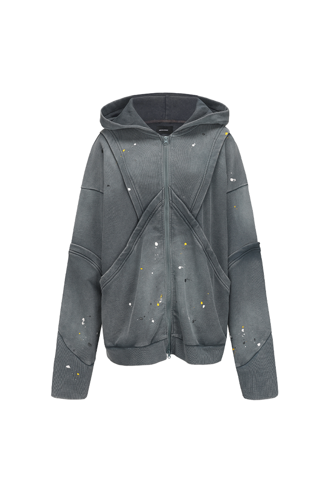 VANN VALRENCE Washed Paint-Splattered Paneled Zip Hoodie