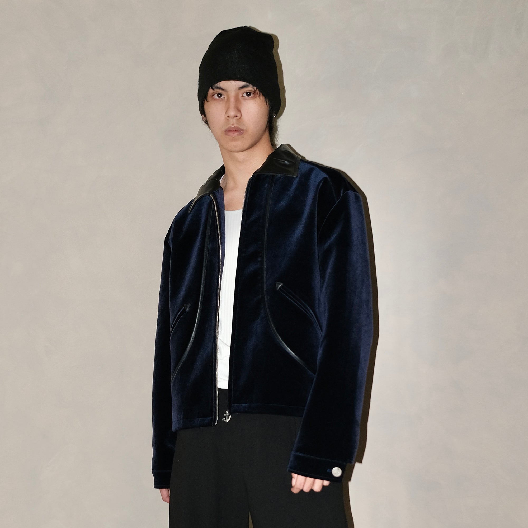 IN EXISTENCE Velvet Faux Leather Collar Jacket