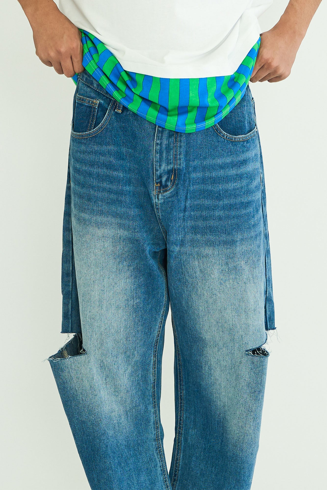 WIID Distressed Knee-Slit Straight-Leg Jeans, premium urban and streetwear designers apparel on PROJECTISR.com, WIID