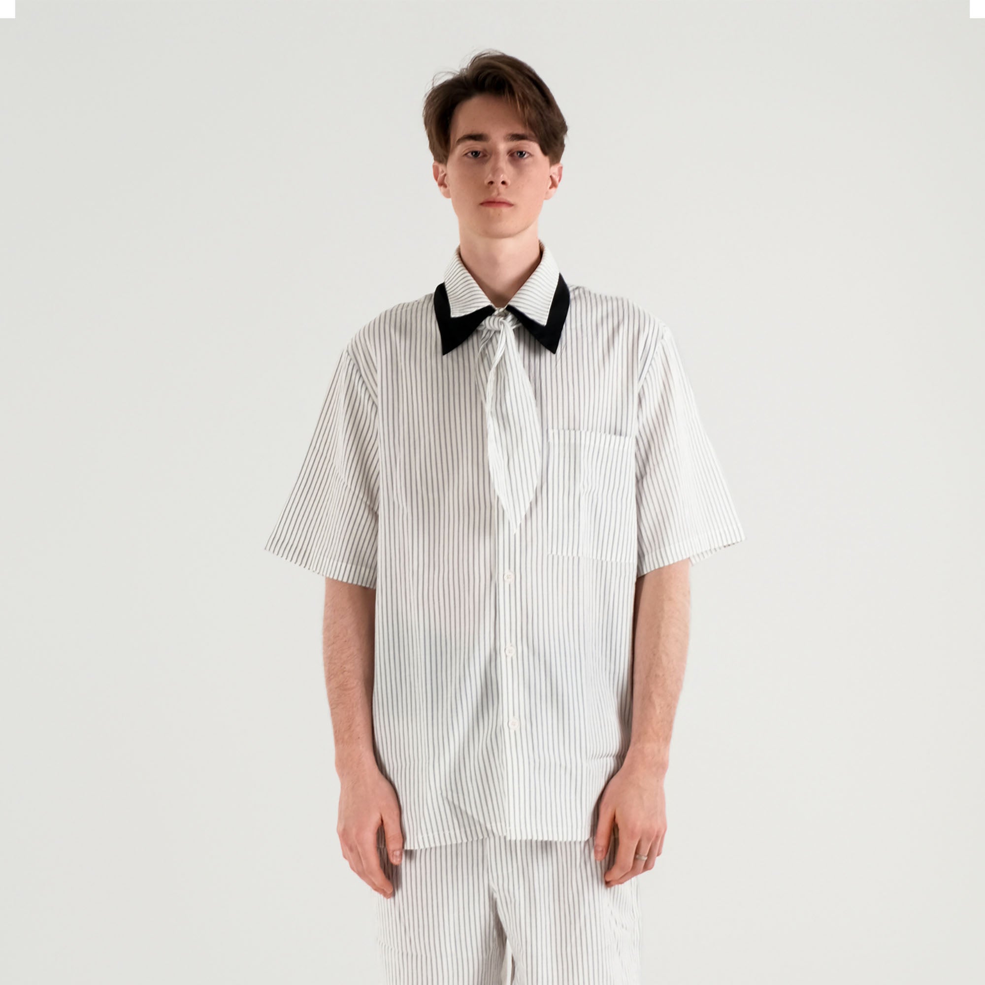 WIID Striped Contrast-Collar Tie-Neck Half Shirt, premium urban and streetwear designers apparel on PROJECTISR.com, WIID