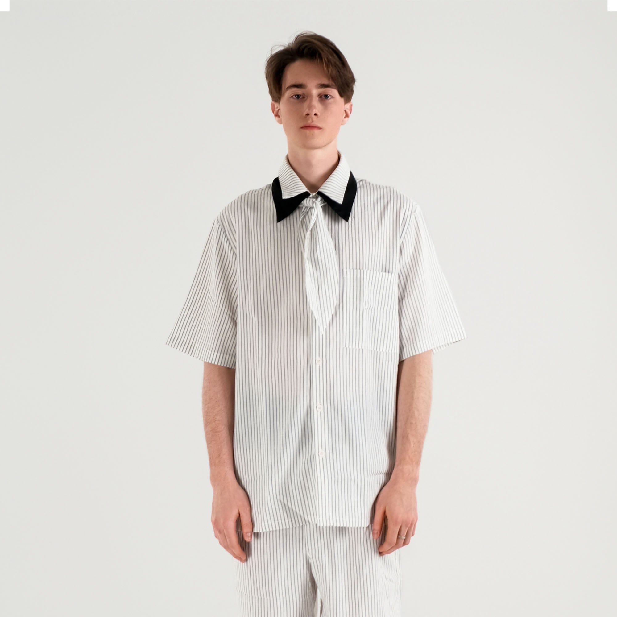 WIID Striped Contrast-Collar Tie-Neck Half Shirt, premium urban and streetwear designers apparel on PROJECTISR.com, WIID