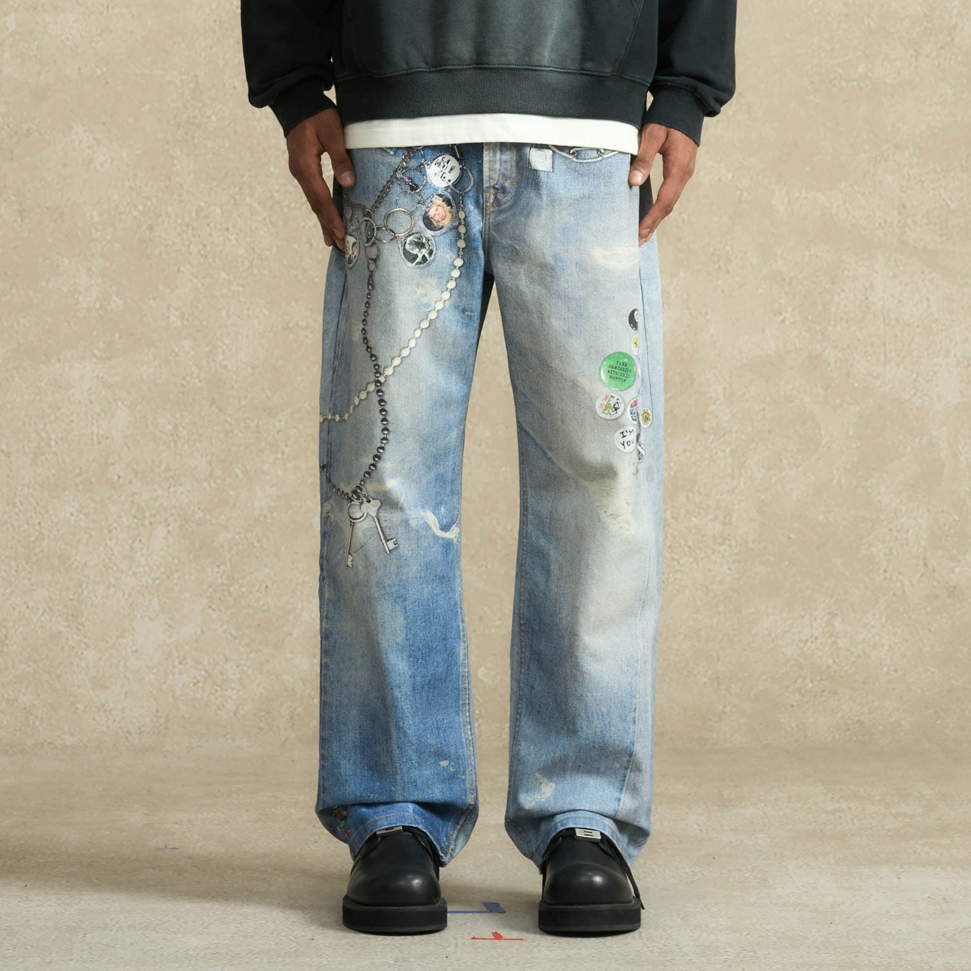 BONELESS Retro Chain Graphic Washed Jeans, premium urban and streetwear designers apparel on PROJECTISR.com, BONELESS
