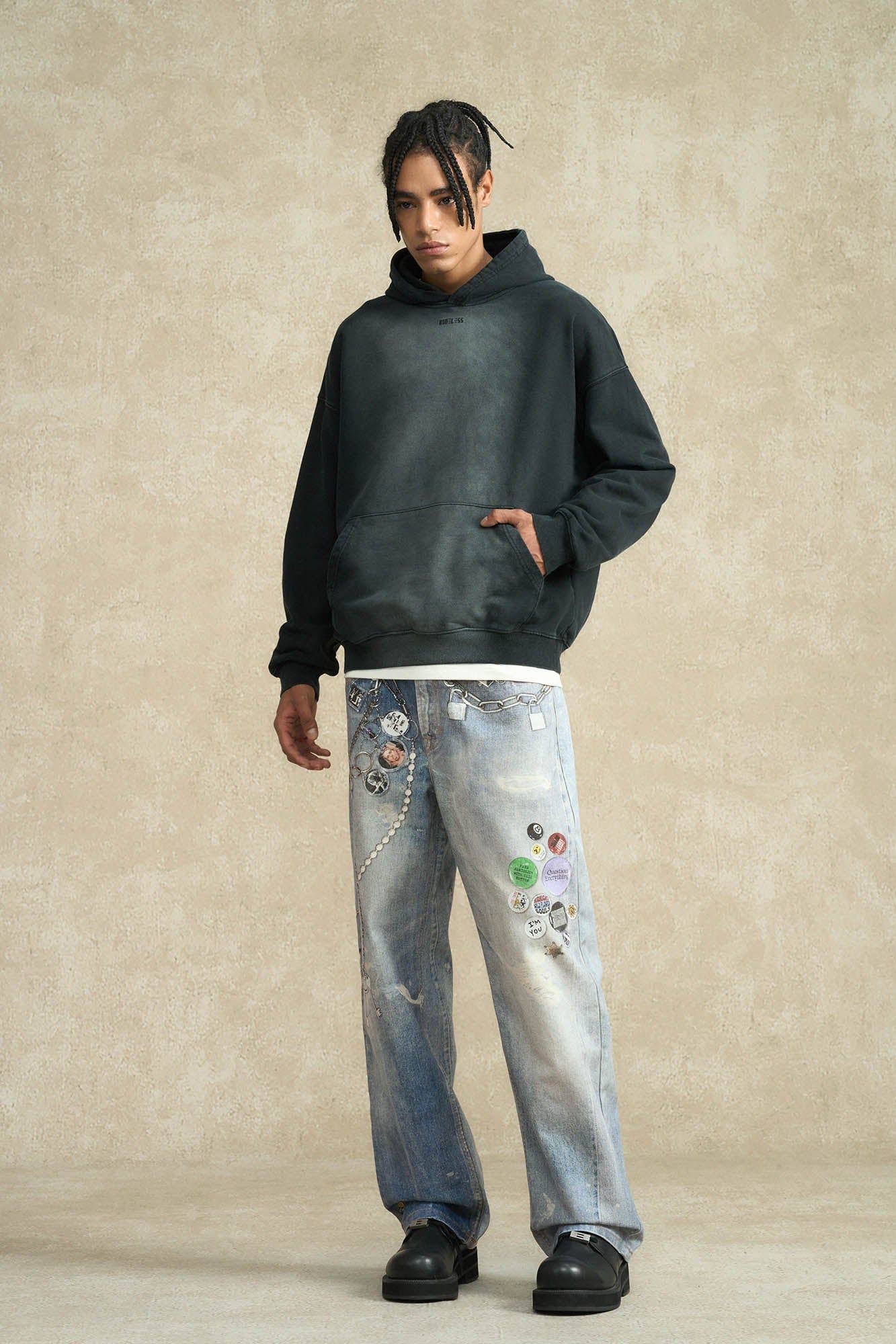 BONELESS Retro Chain Graphic Washed Jeans, premium urban and streetwear designers apparel on PROJECTISR.com, BONELESS