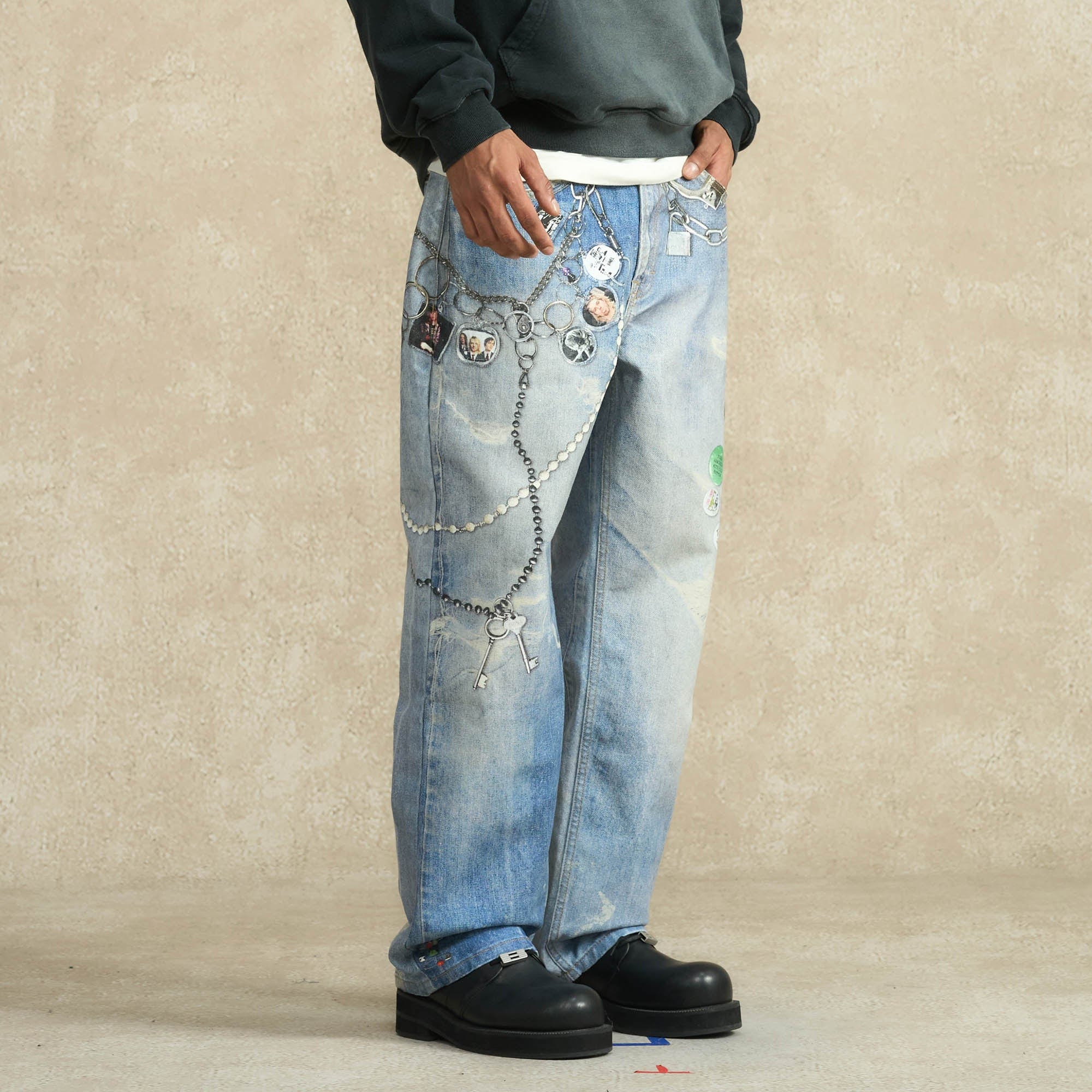 BONELESS Retro Chain Graphic Washed Jeans, premium urban and streetwear designers apparel on PROJECTISR.com, BONELESS