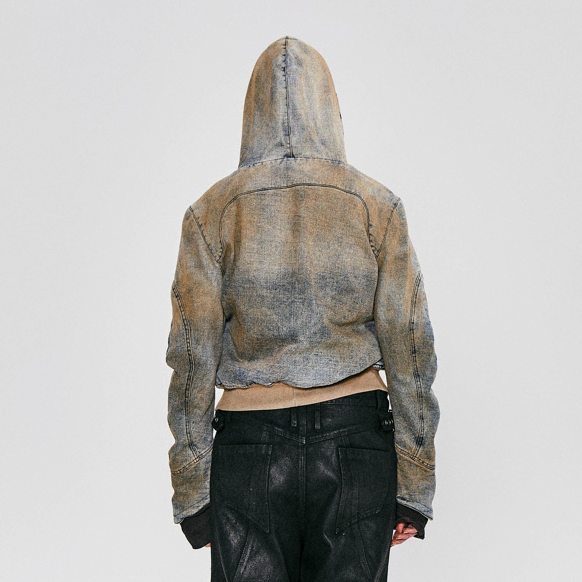 FLYERRER Distressed Spliced Studded Hooded Short Denim Jacket, premium urban and streetwear designers apparel on PROJECTISR.com, FLYERRER