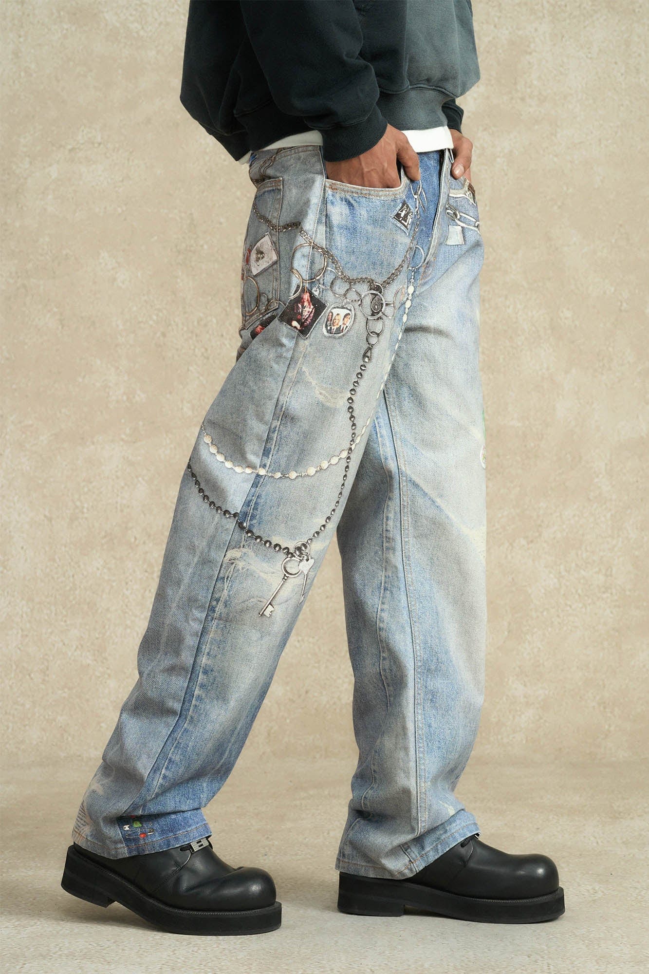 BONELESS Retro Chain Graphic Washed Jeans, premium urban and streetwear designers apparel on PROJECTISR.com, BONELESS