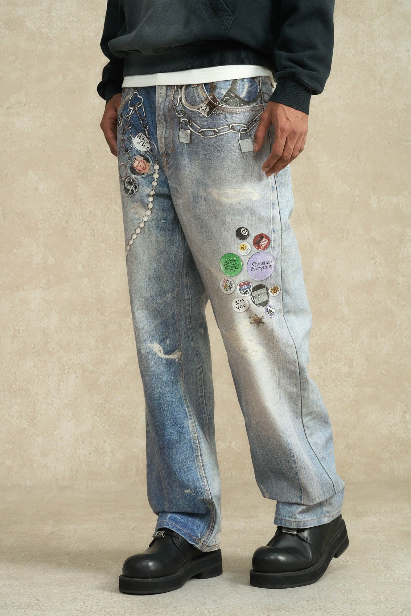 BONELESS Retro Chain Graphic Washed Jeans, premium urban and streetwear designers apparel on PROJECTISR.com, BONELESS