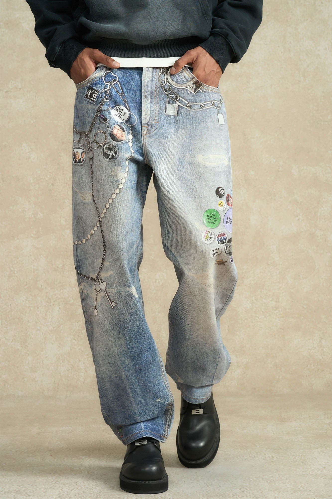 BONELESS Retro Chain Graphic Washed Jeans, premium urban and streetwear designers apparel on PROJECTISR.com, BONELESS