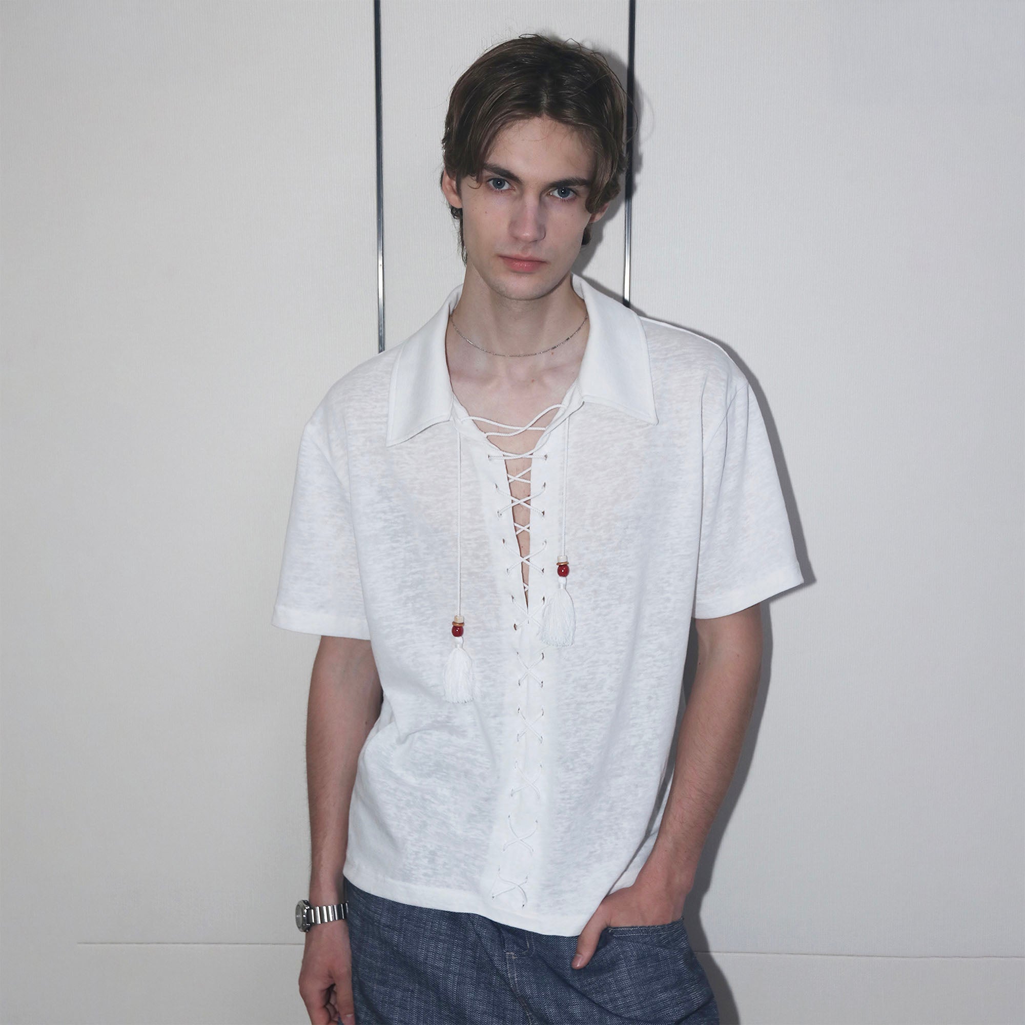 ASSEEN Tassel Lace-Up Short-Sleeve Polo Tee