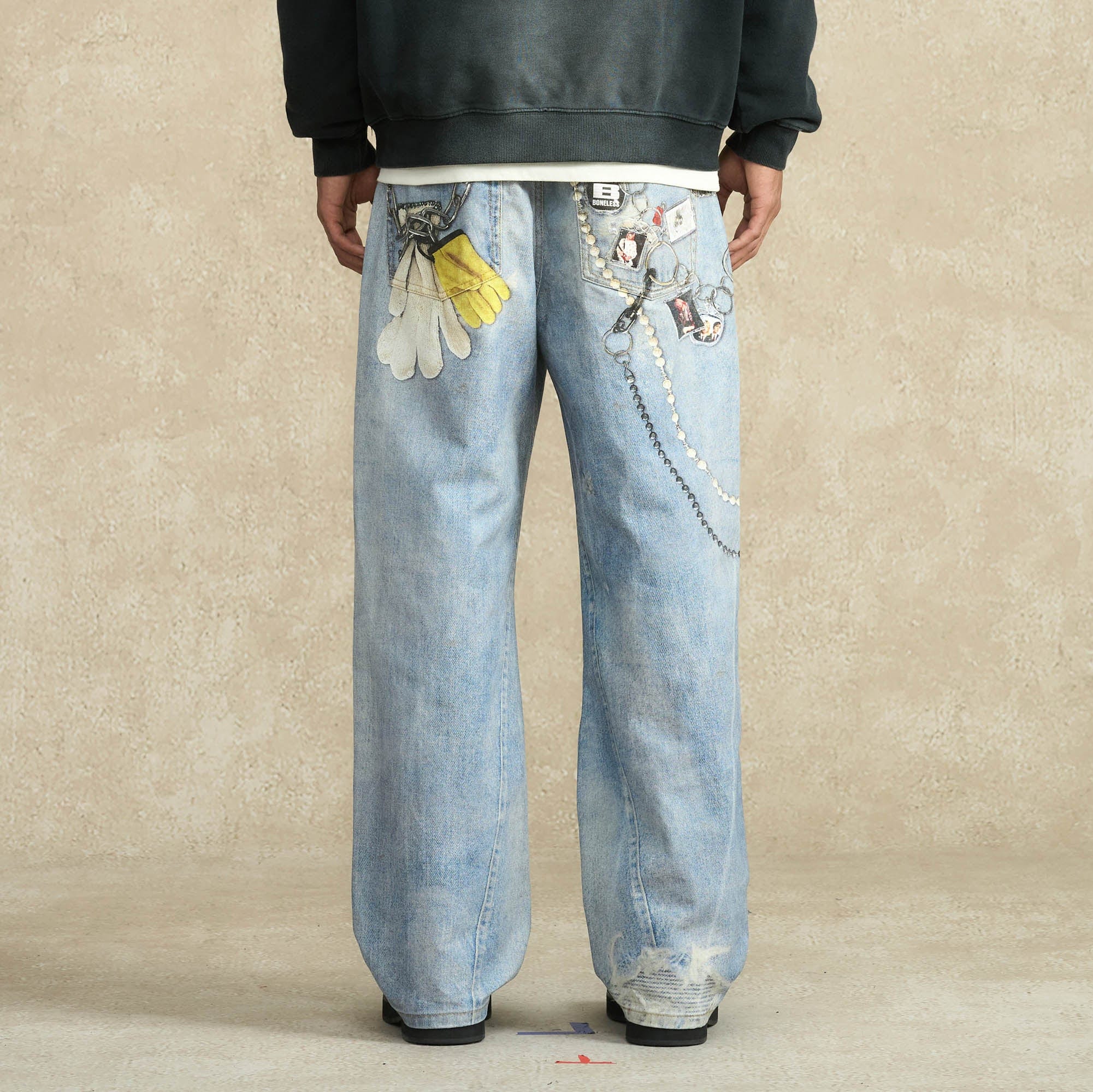 BONELESS Retro Chain Graphic Washed Jeans, premium urban and streetwear designers apparel on PROJECTISR.com, BONELESS
