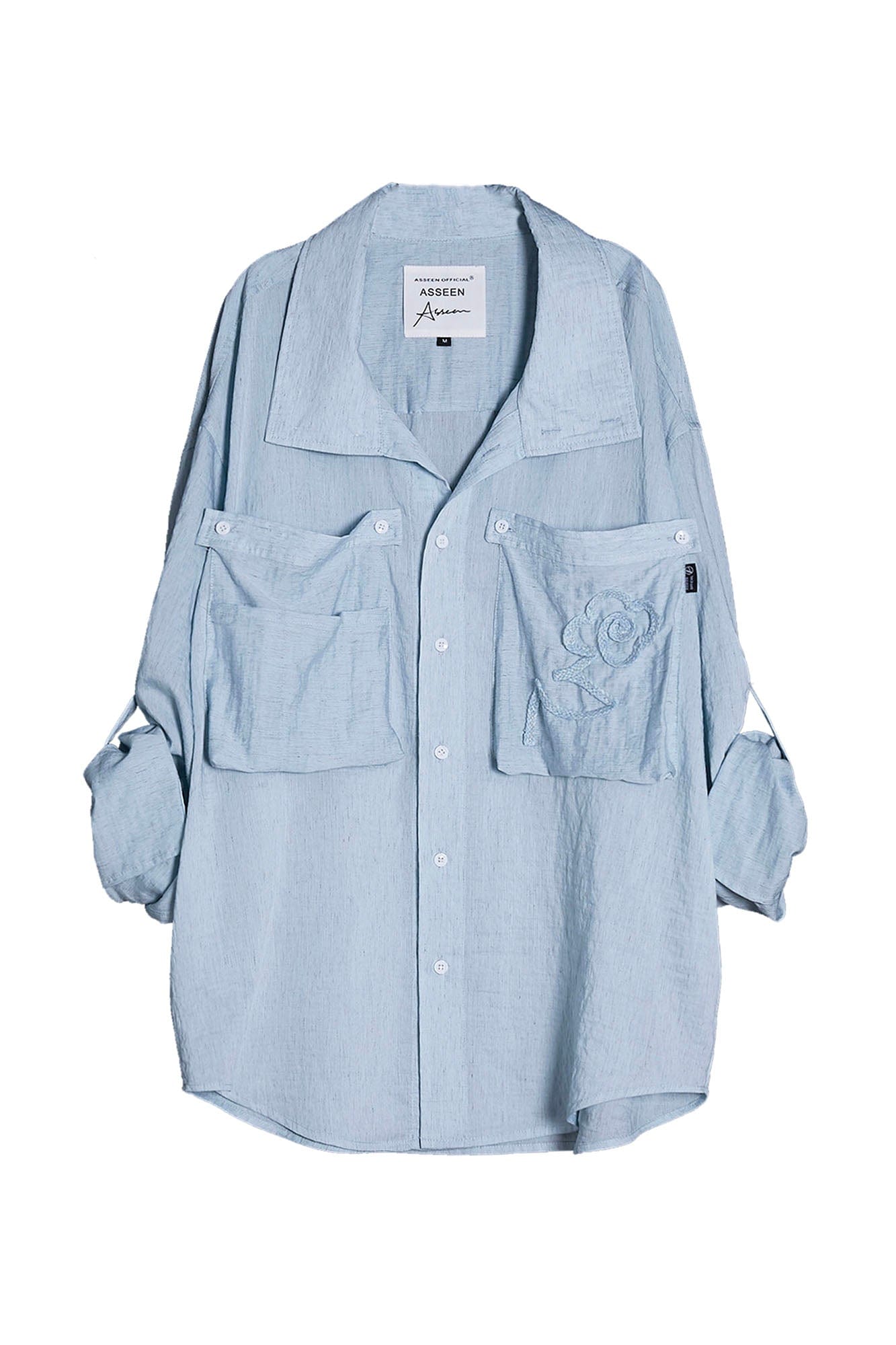ASSEEN Rose Embroidered Pocket Linen-Blended Overshirt, premium urban and streetwear designers apparel on PROJECTISR.com, ASSEEN
