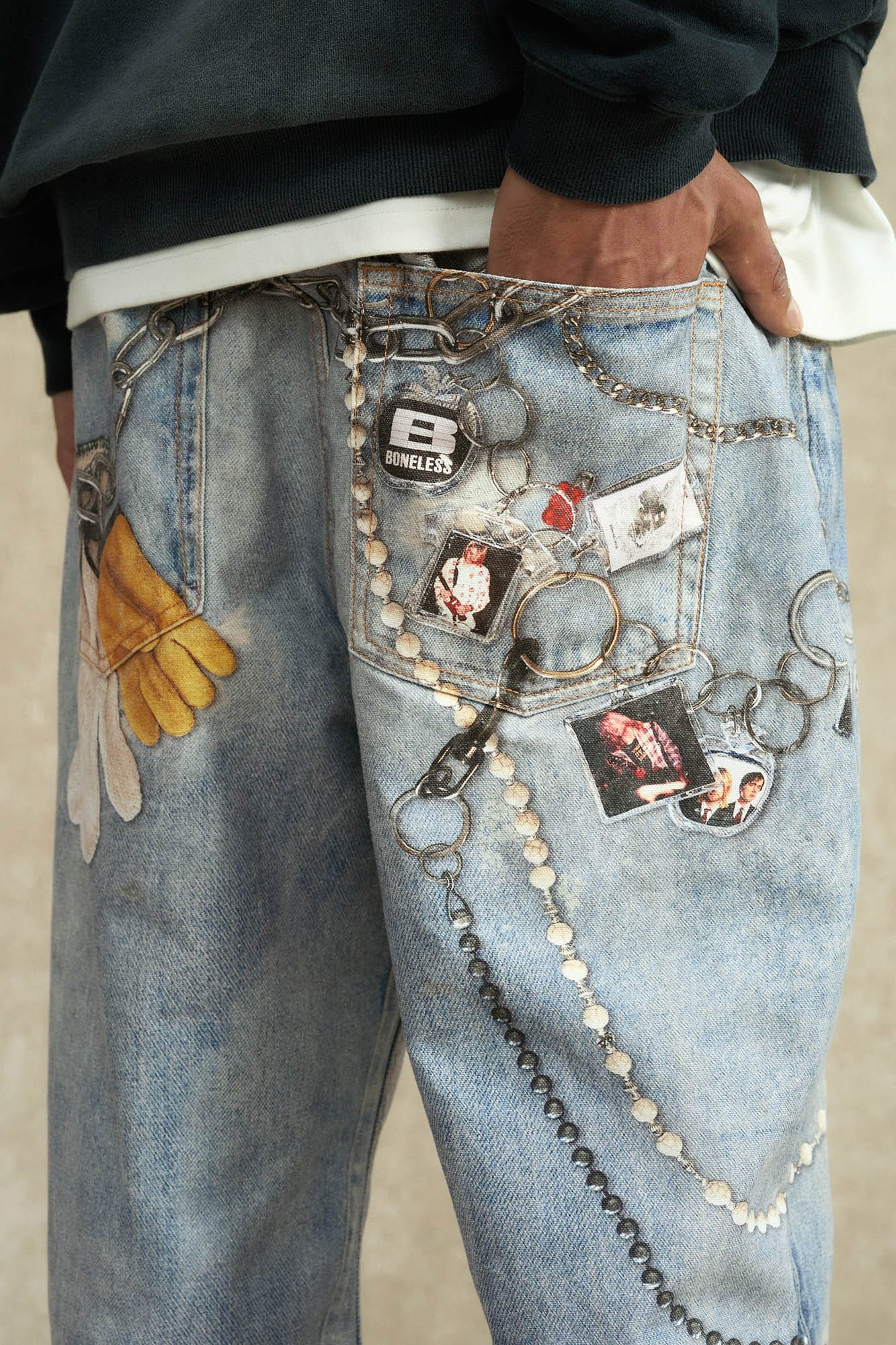 BONELESS Retro Chain Graphic Washed Jeans, premium urban and streetwear designers apparel on PROJECTISR.com, BONELESS