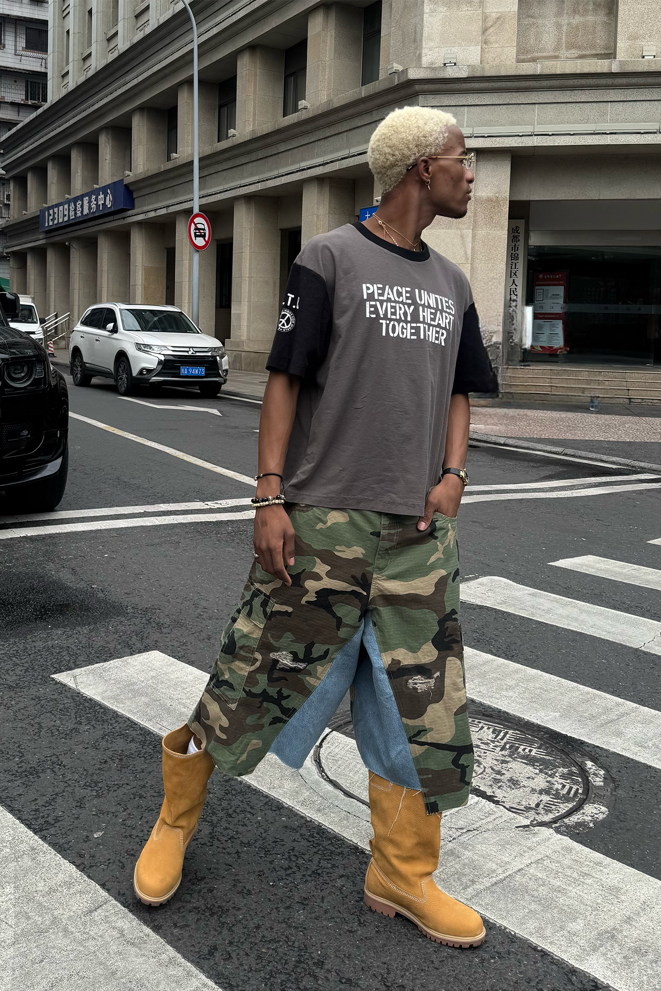 STEEPC Camo Distressed Denim Paneled Cargo Shorts