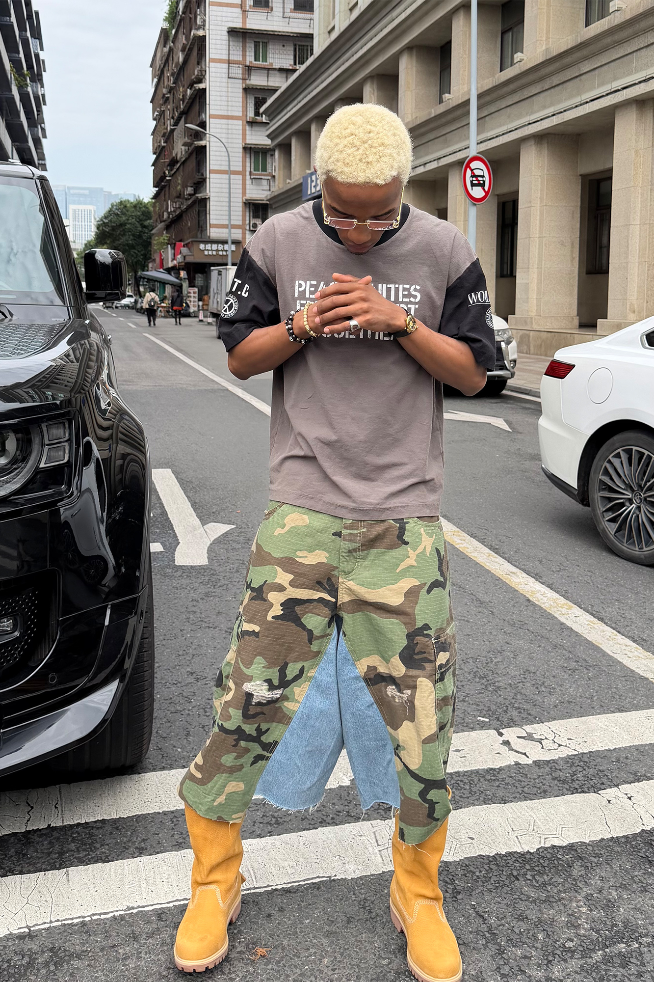 STEEPC Camo Distressed Denim Paneled Cargo Shorts