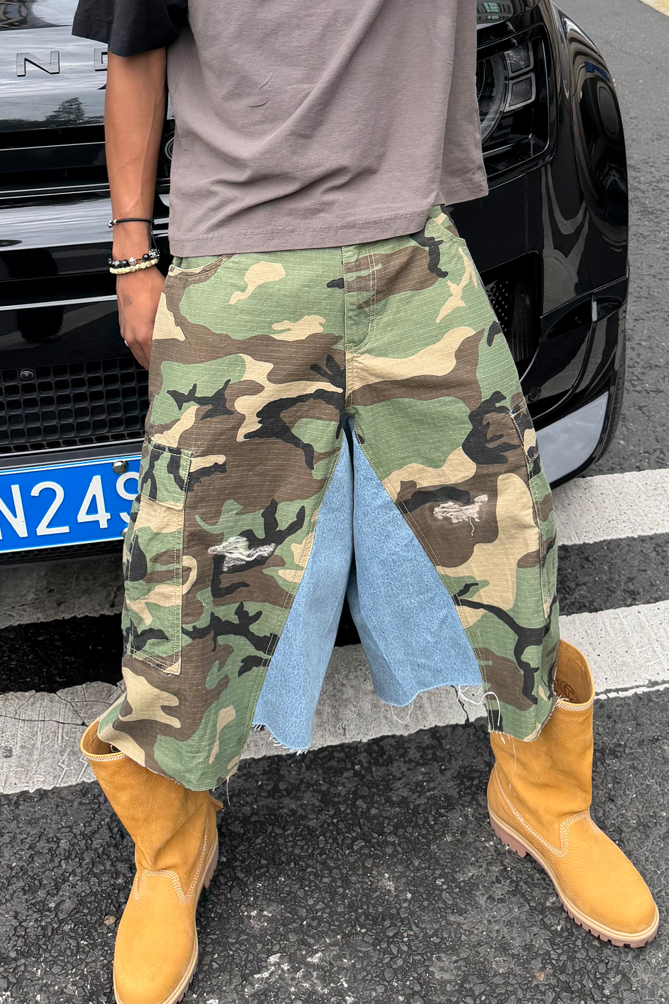 STEEPC Camo Distressed Denim Paneled Cargo Shorts