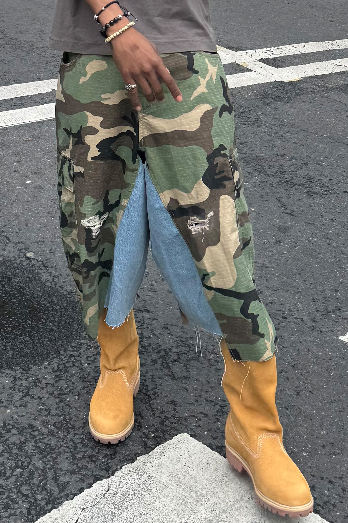 STEEPC Camo Distressed Denim Paneled Cargo Shorts