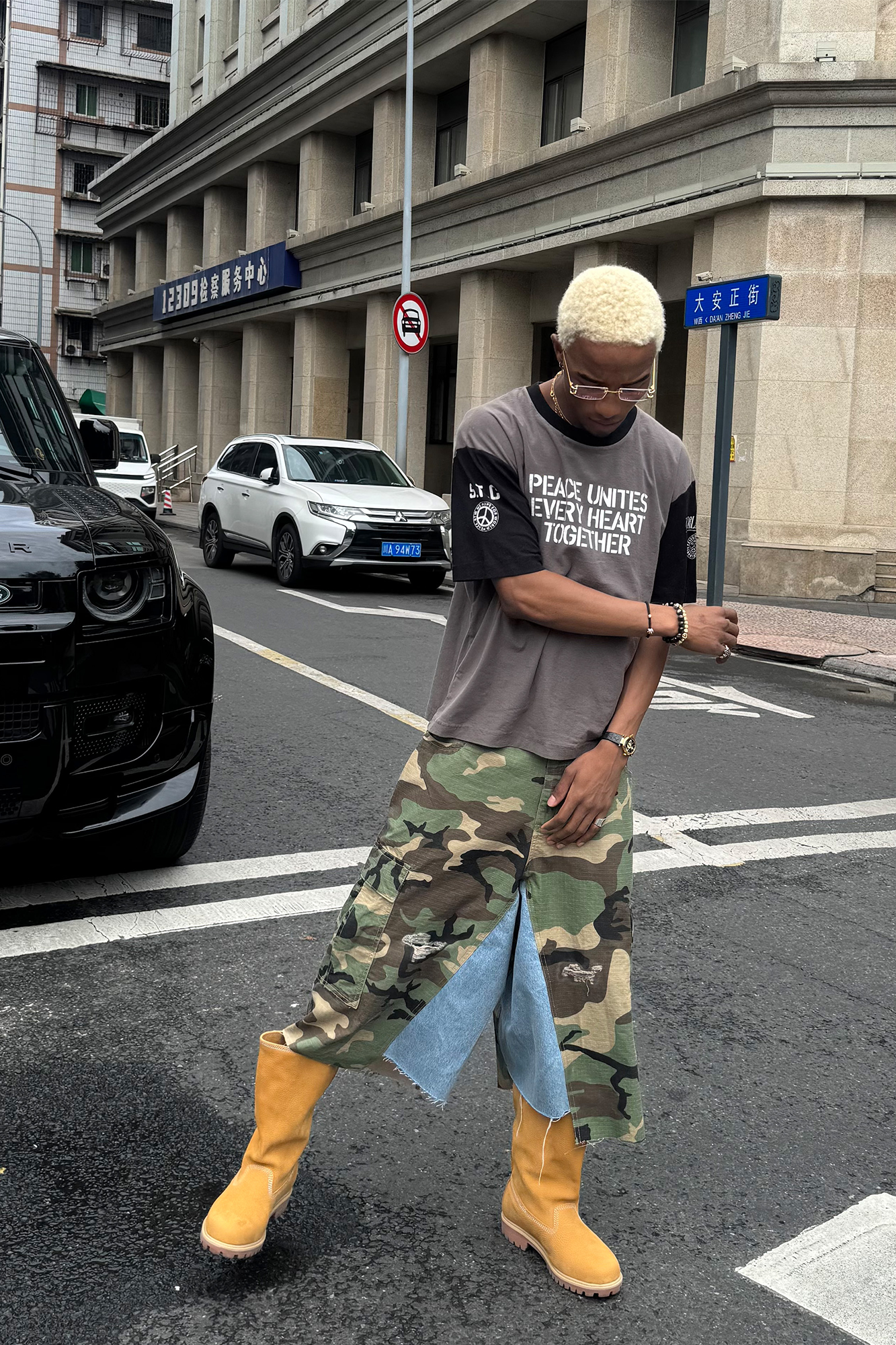 STEEPC Camo Distressed Denim Paneled Cargo Shorts