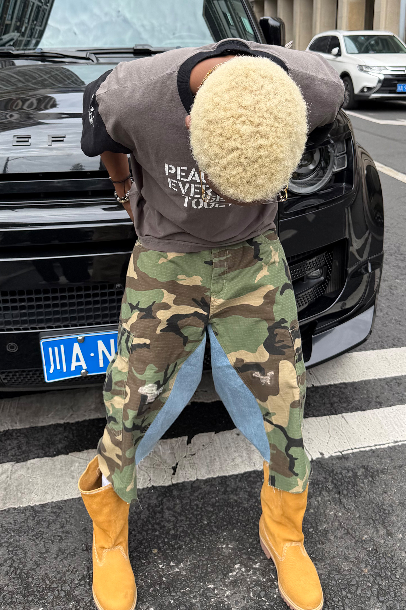 STEEPC Camo Distressed Denim Paneled Cargo Shorts