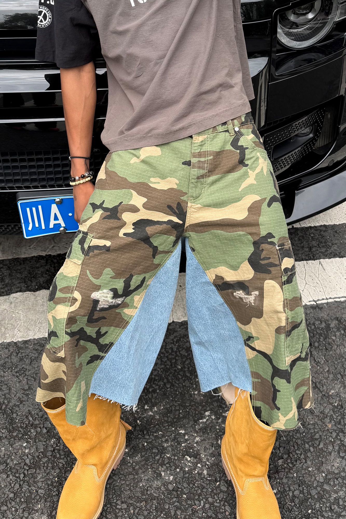STEEPC Camo Distressed Denim Paneled Cargo Shorts