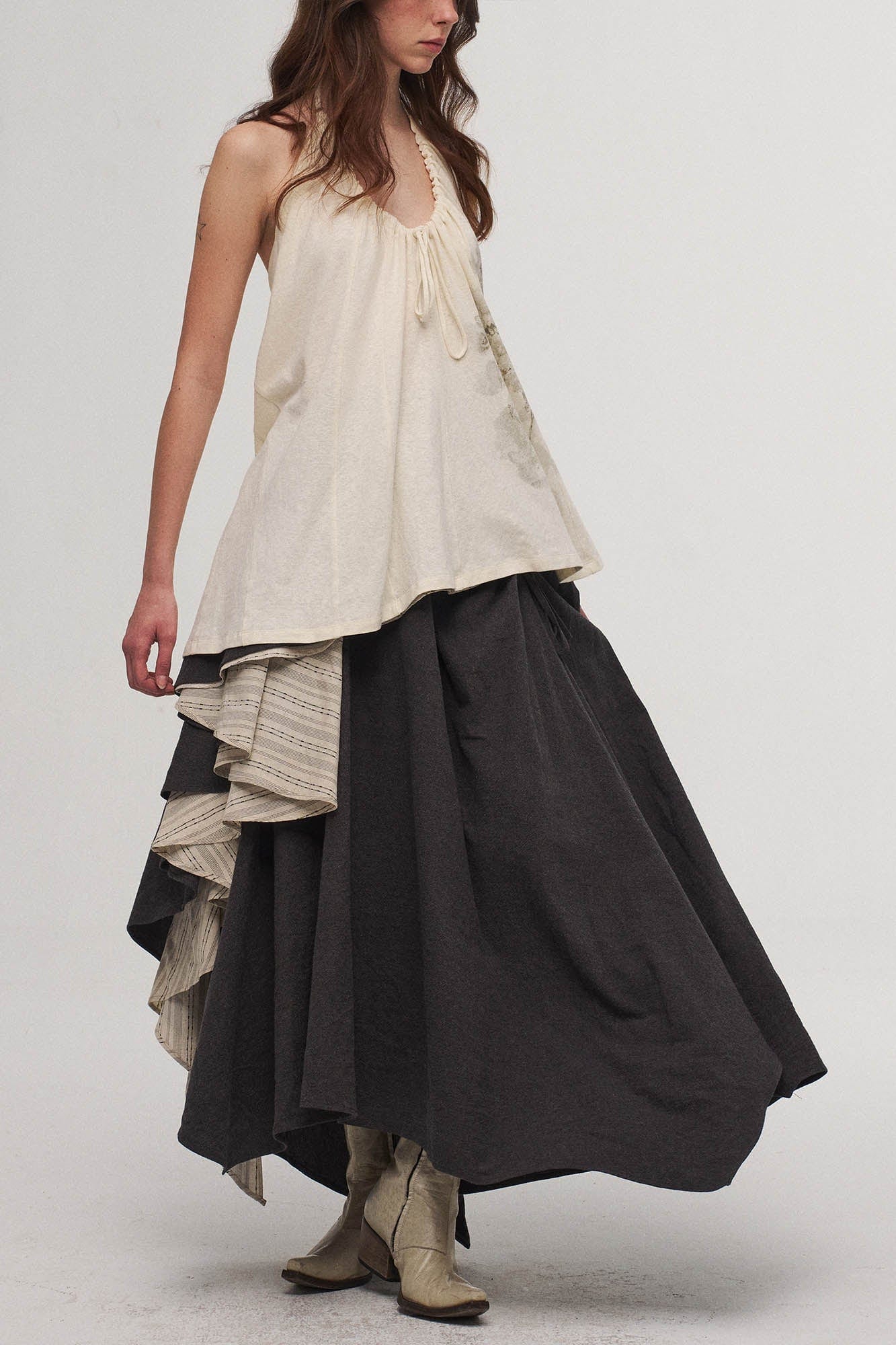 ILNya Nieternite Nifutur Asymmetrical Layered Stripe Ruffled Maxi Skirt, premium urban and streetwear designers apparel on PROJECTISR.com, ILNya Nieternite Nifutur