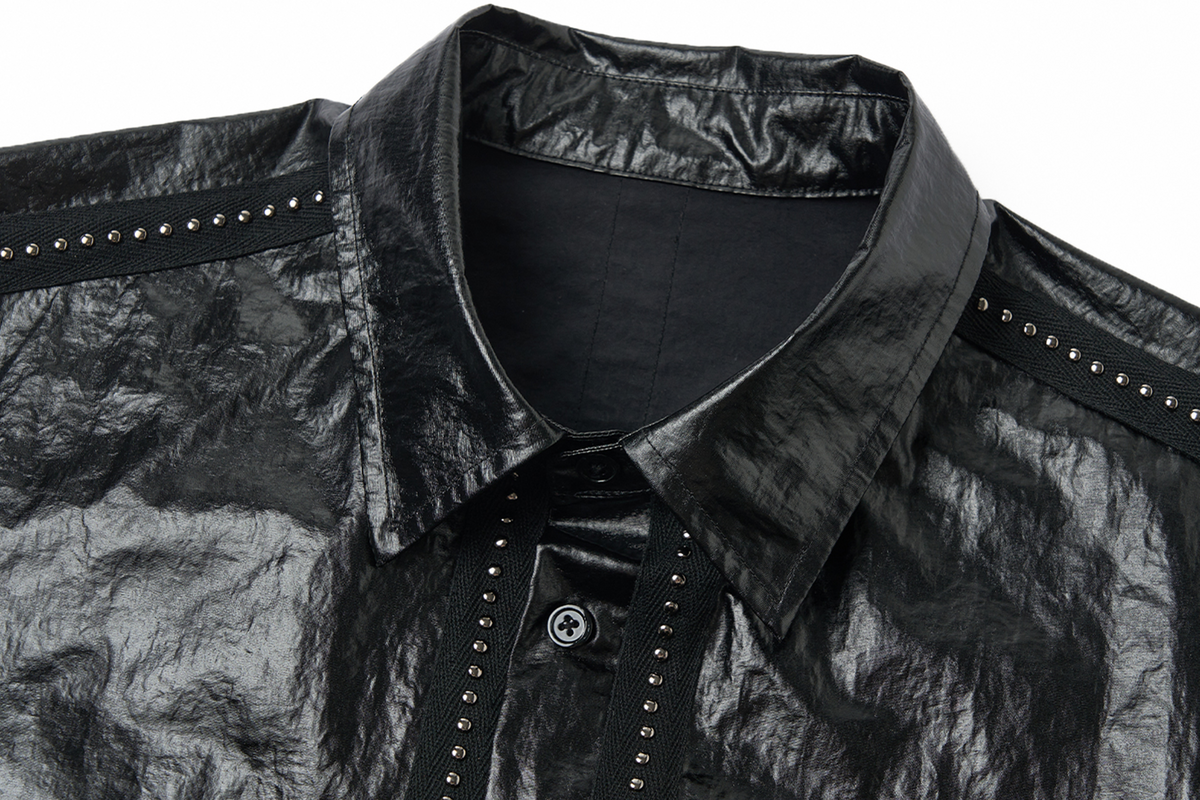 SAXGENWON Rivet Webbing Spliced Coated Long-Sleeve Shirt