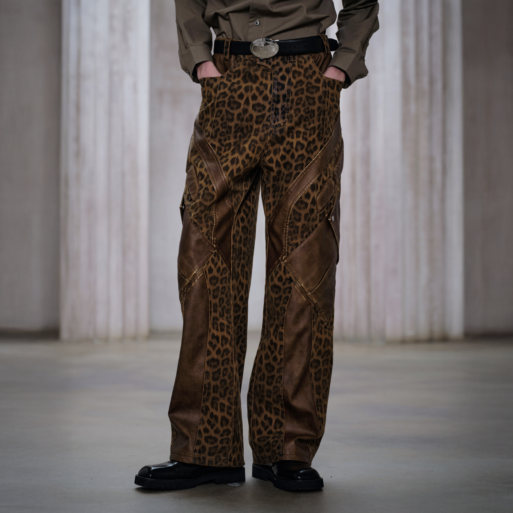 FACEONLAB Leopard Paneled Straight-Leg Pants