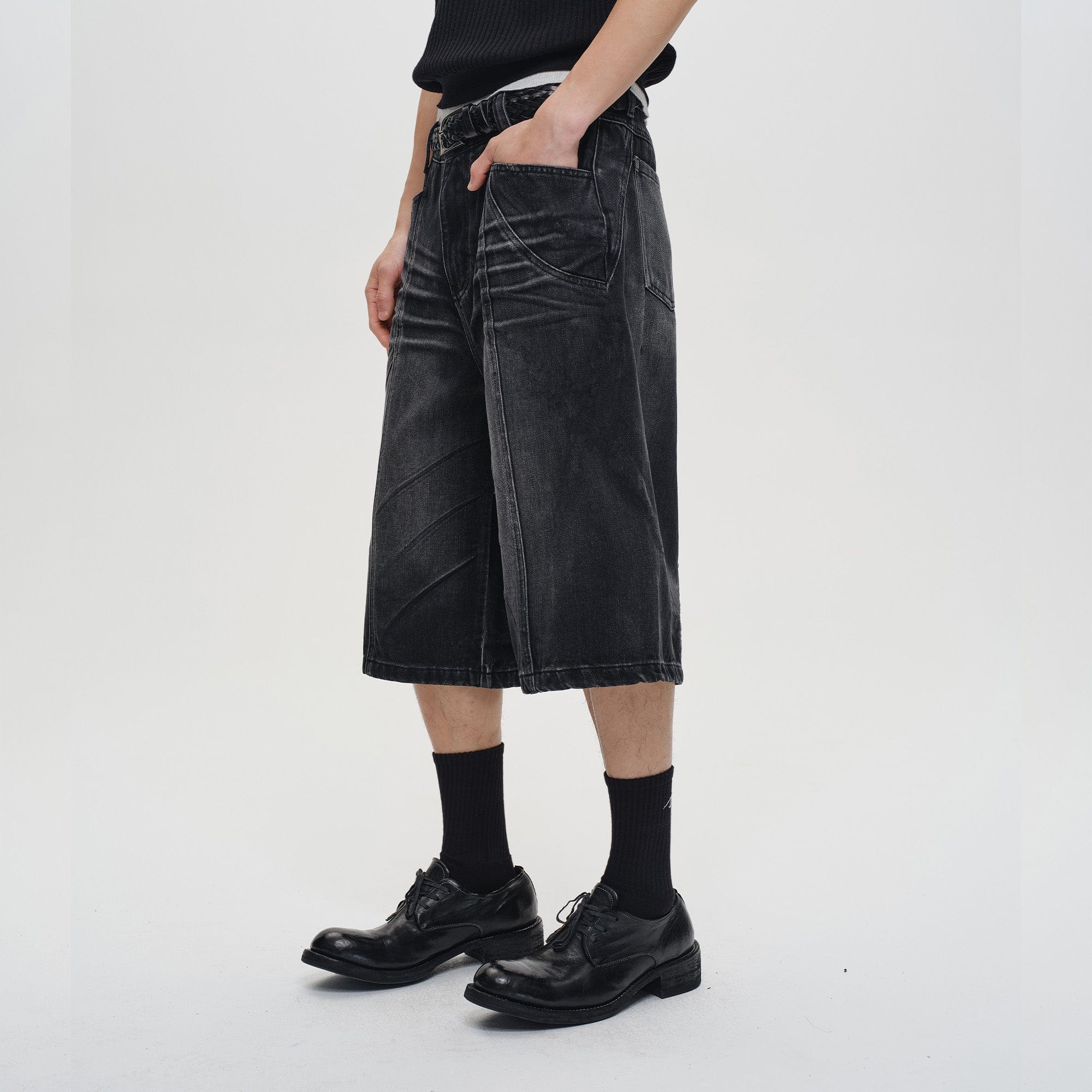 CATSSTAC Whisker-Wash Middle-Spliced Wide-Leg Shorts, premium urban and streetwear designers apparel on PROJECTISR.com, CATSSTAC