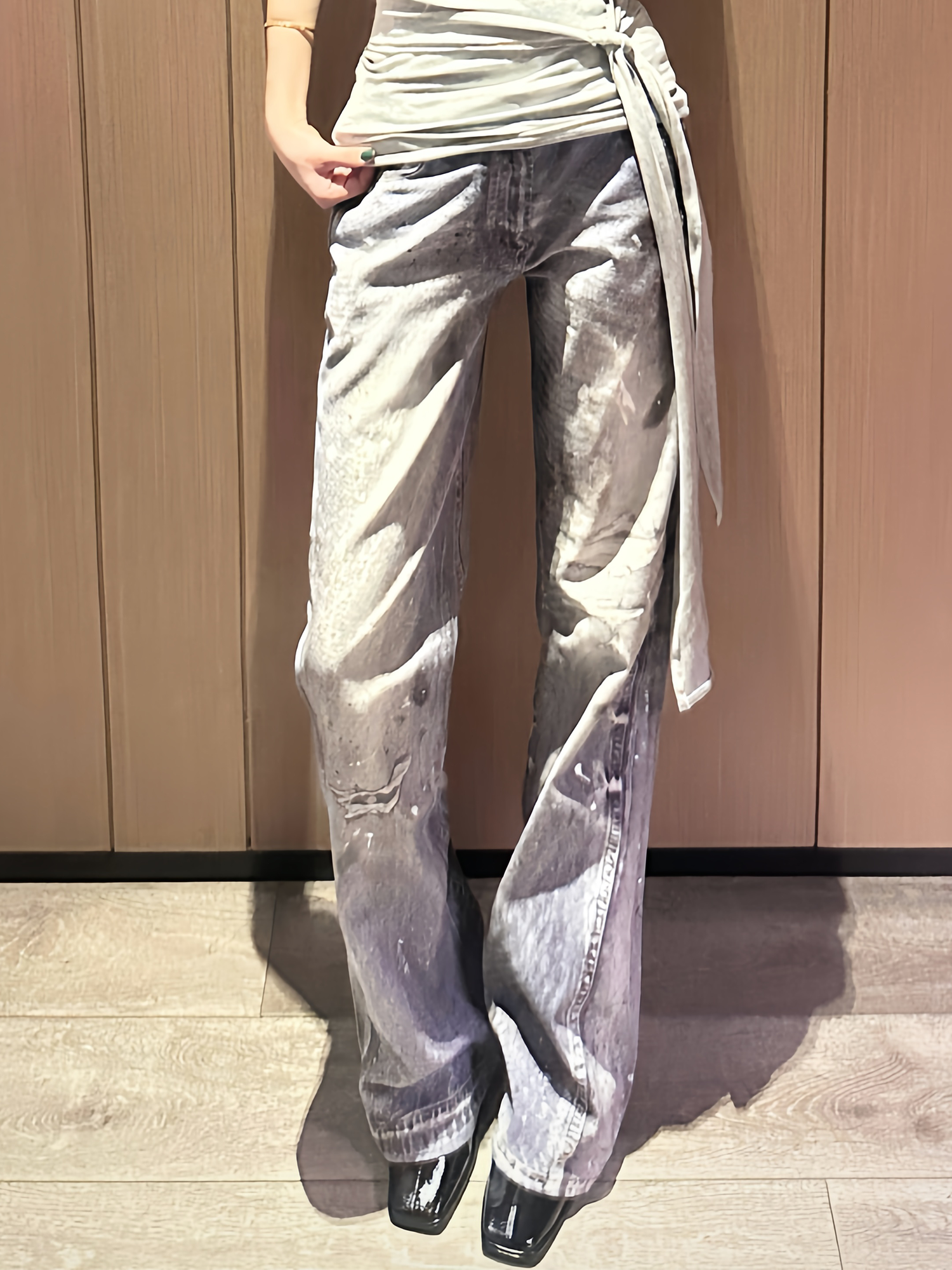 WANNA LAB Distressed Washed Paint-Splattered Flared Jeans