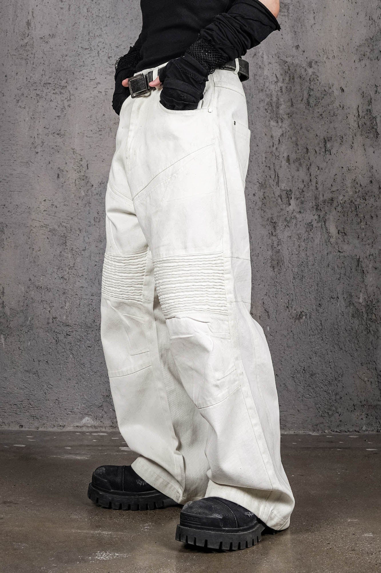 UNDERWATER Infernal Gaze Crinkled Waxed Wide-Leg Pants White, premium urban and streetwear designers apparel on PROJECTISR.com, UNDERWATER
