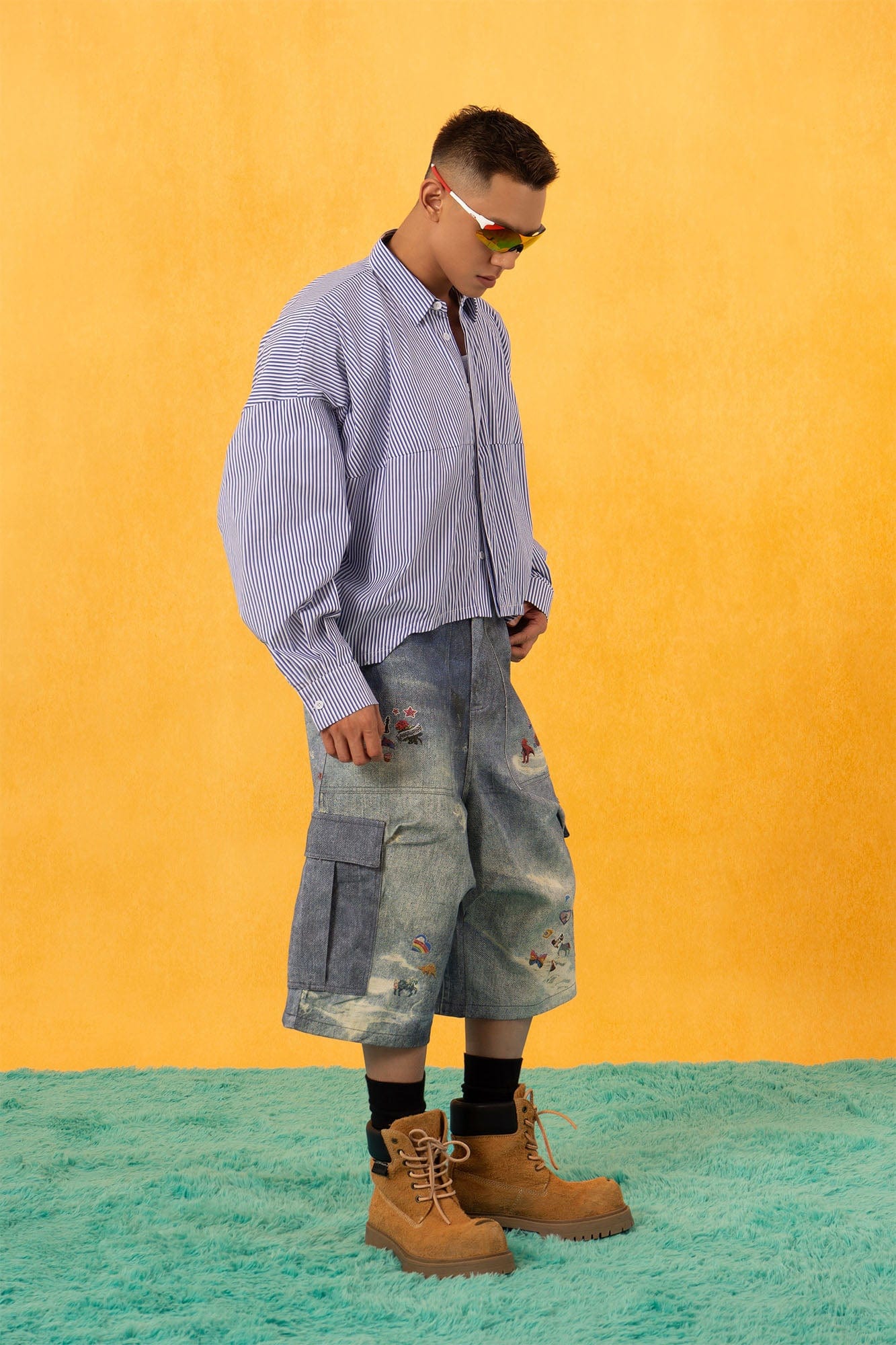CLP Whimsical Distressed Stickers Cargo Denim Shorts, premium urban and streetwear designers apparel on PROJECTISR.com, CLP