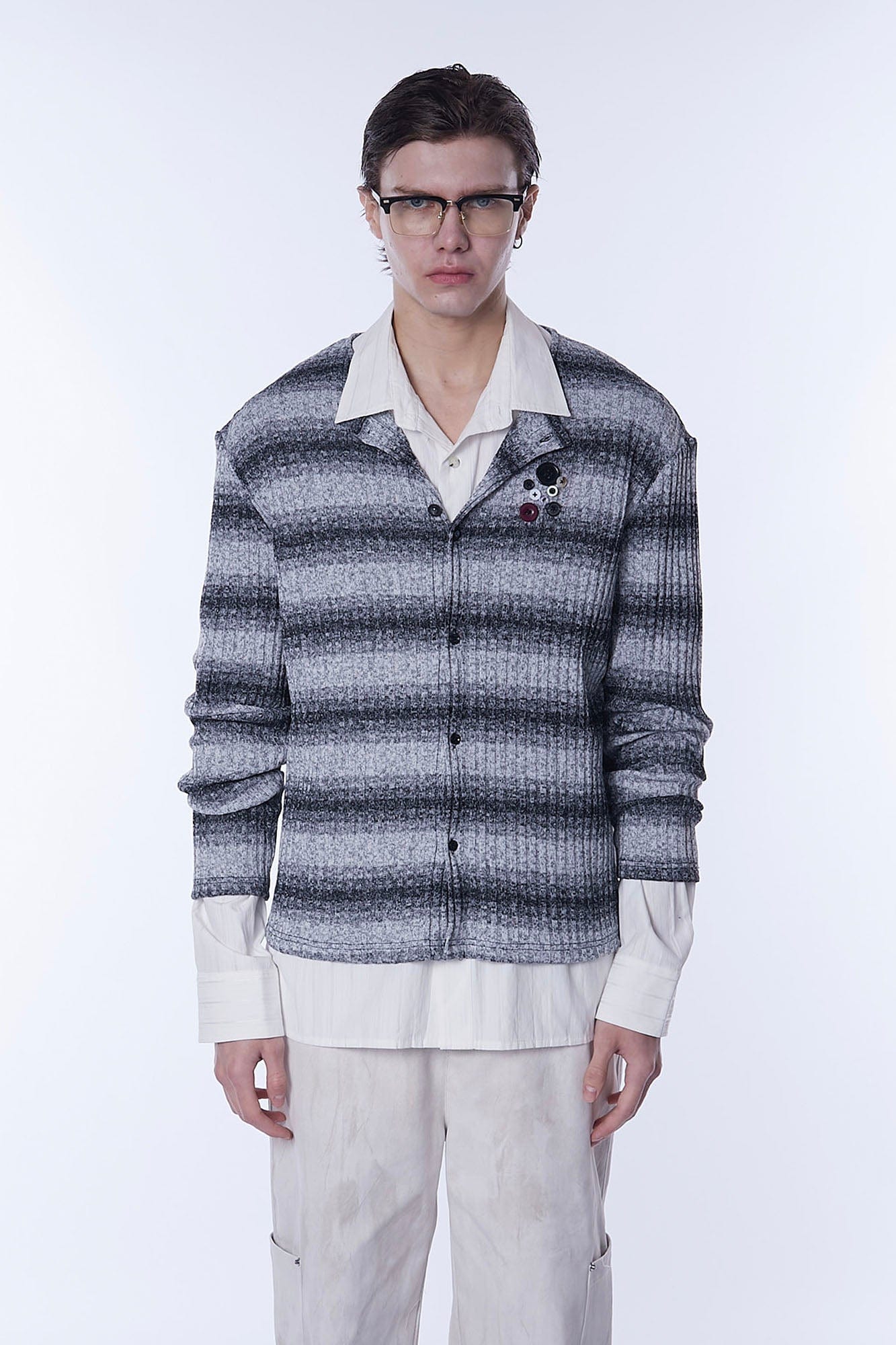 ASSEEN Horizontal Gradient Stripe Button Cardigan Gray, premium urban and streetwear designers apparel on PROJECTISR.com, ASSEEN