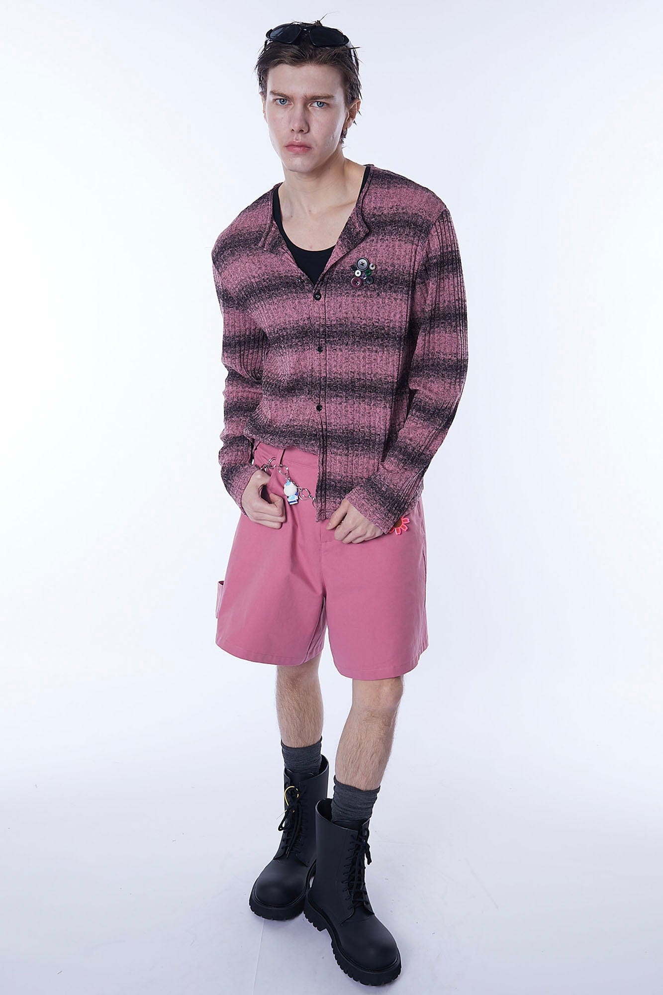 ASSEEN Horizontal Gradient Stripe Button Cardigan Pink, premium urban and streetwear designers apparel on PROJECTISR.com, ASSEEN